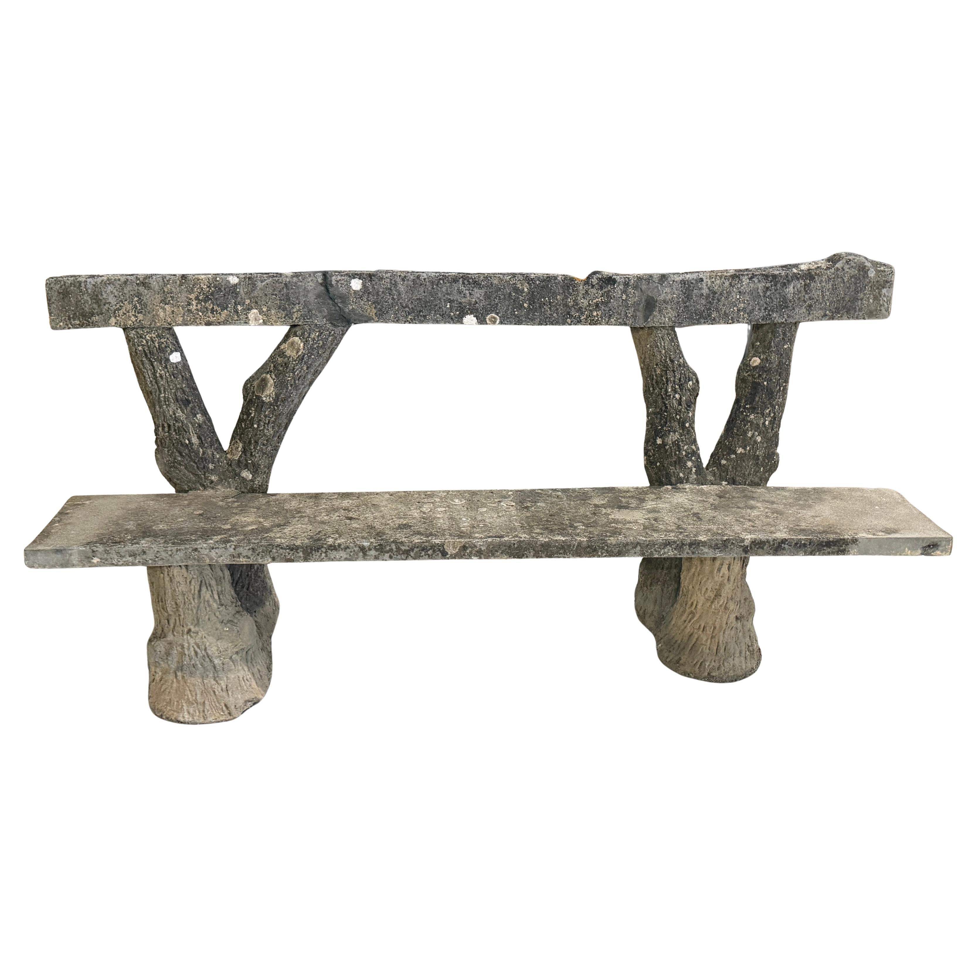 Monumental French Faux Bois Cast Stone Bench Tree Trunk Supports, circa 1920s For Sale