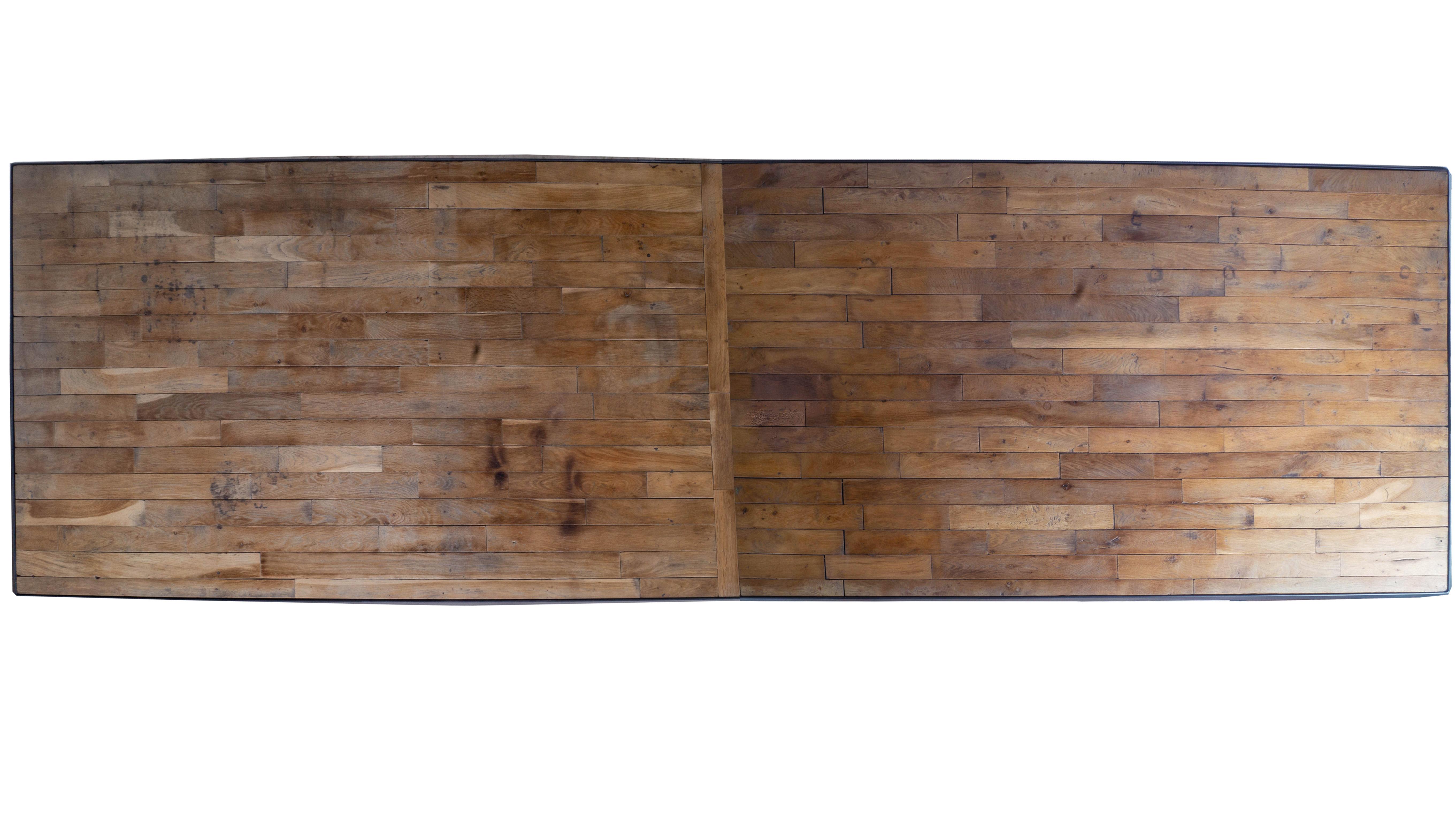 Monumental French floor board dining table with steel banding and base.

This piece is a part of Brendan Bass’s one-of-a-kind collection, Le Monde. French for “The World”, the Le Monde collection is made up of rare and hard to find pieces curated