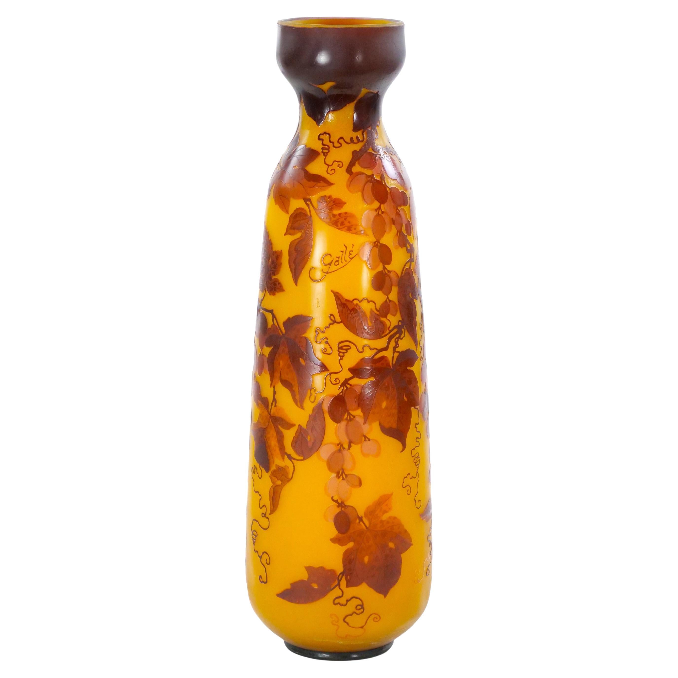 Monumental French Galle Art Nouveau Cameo Glass Vase – Grapevine Motif
