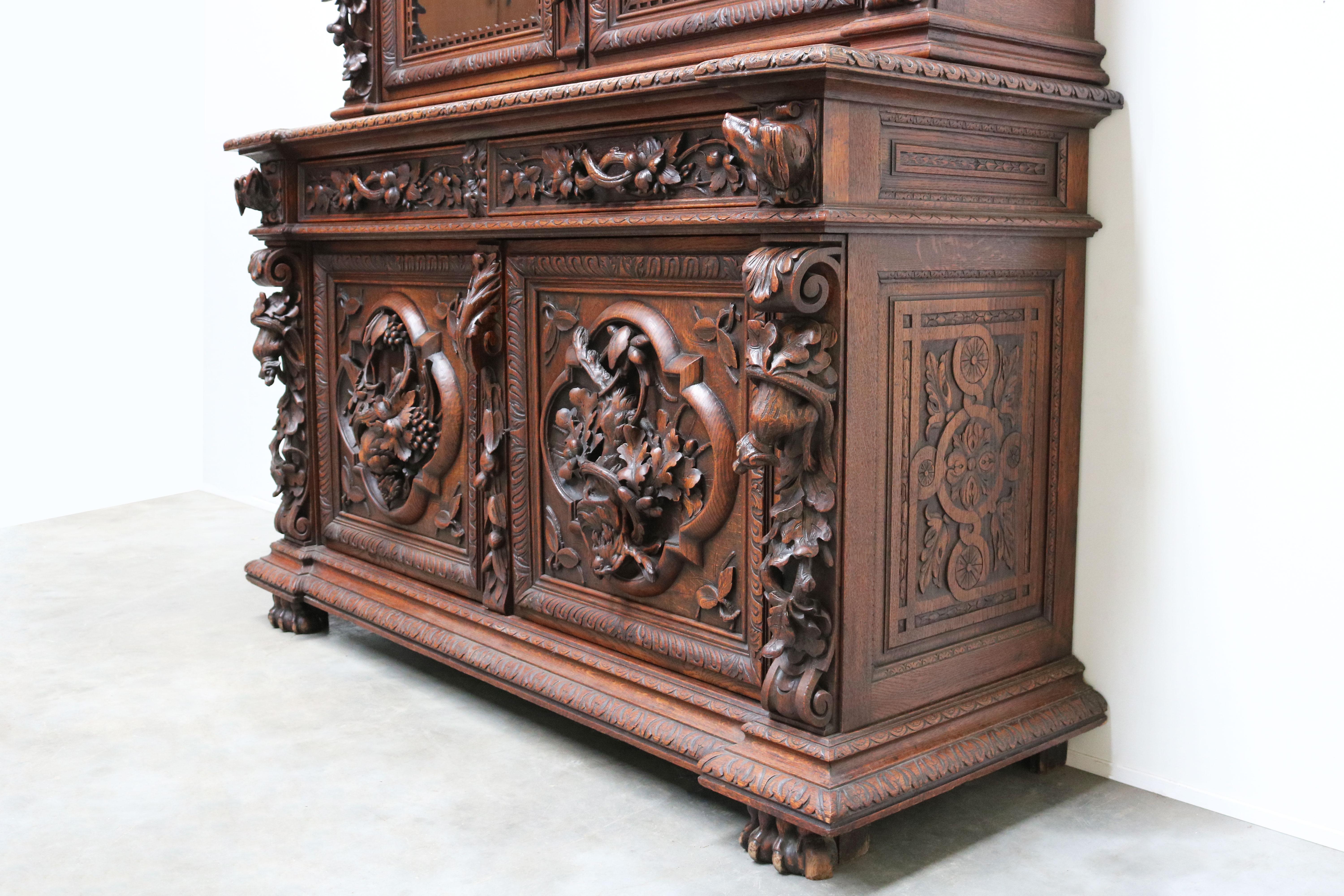 Late 19th Century Rare Antique French Hunt Cabinet Renaissance Carved Oak Black Forest Bookcase  For Sale