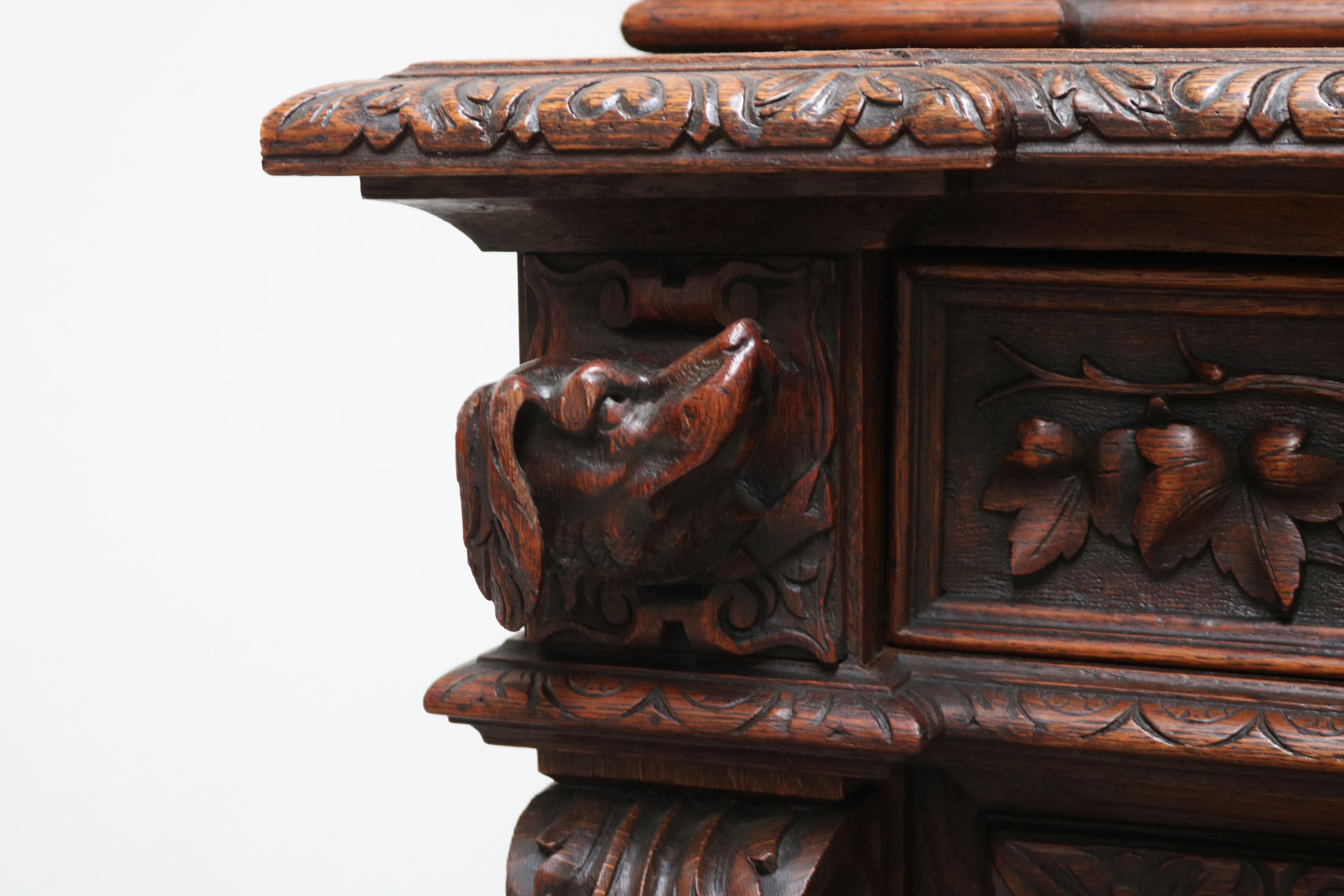 Glass Rare Antique French Hunt Cabinet Renaissance Carved Oak Black Forest Bookcase  For Sale