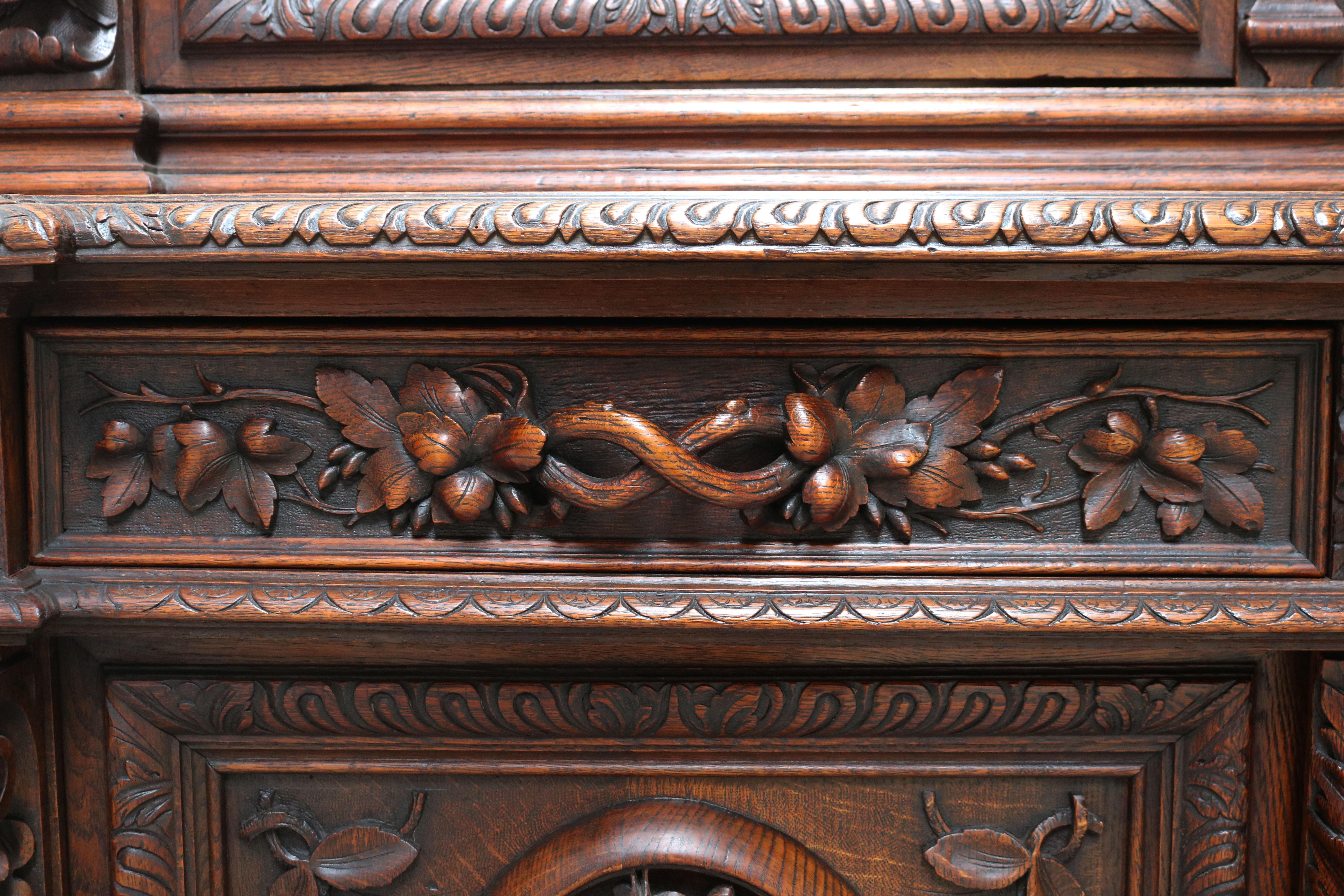 Late 19th Century Rare Antique French Hunt Cabinet Renaissance Carved Oak Black Forest Bookcase  For Sale