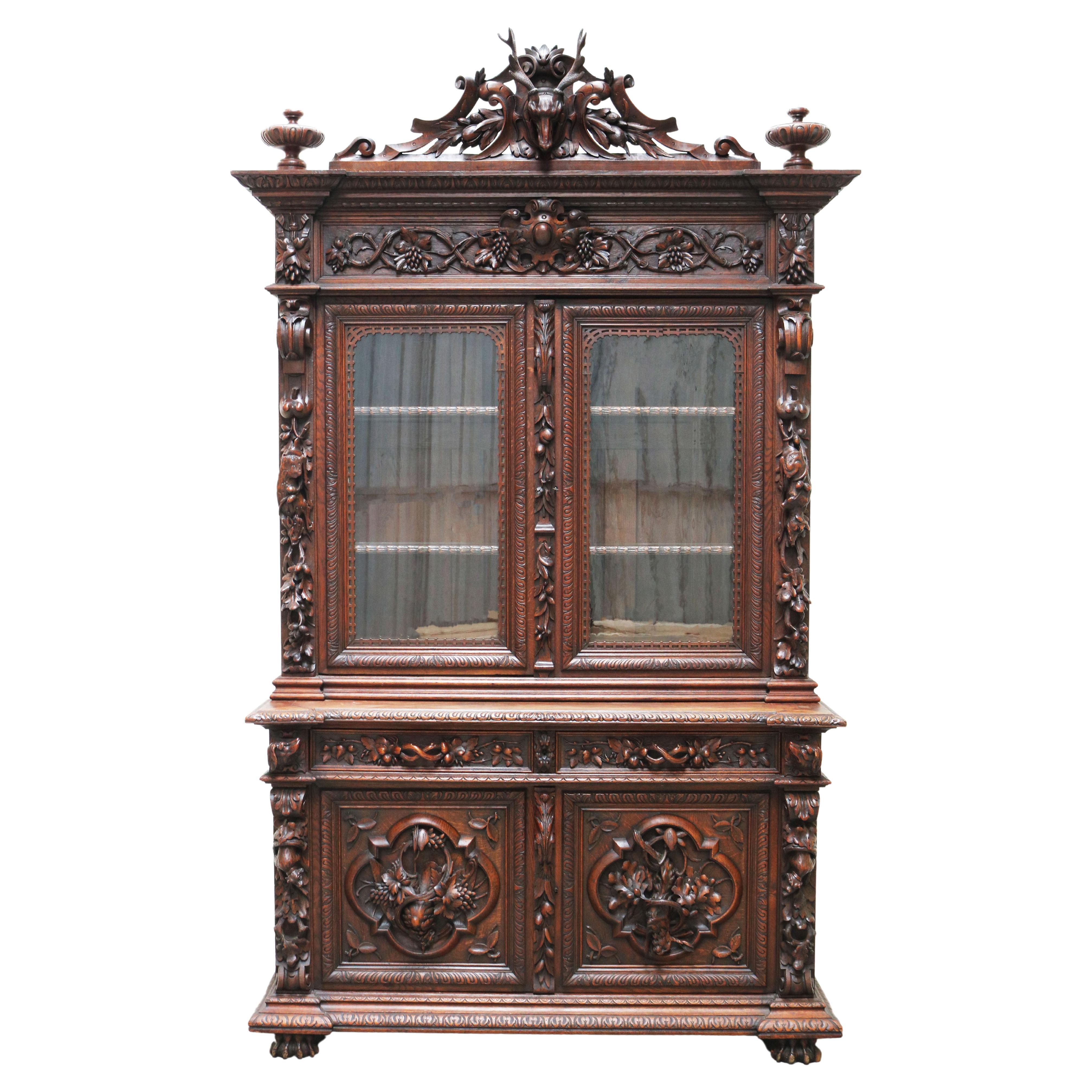 Rare Antique French Hunt Cabinet Renaissance Carved Oak Black Forest Bookcase 
