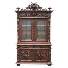Rare Antique French Hunt Cabinet Renaissance Carved Oak Black Forest Bookcase