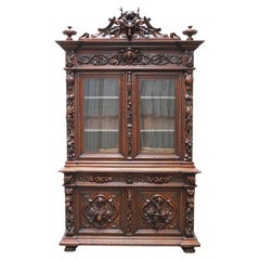 Rare Vintage French Hunt Cabinet Renaissance Carved Oak Black Forest Bookcase 