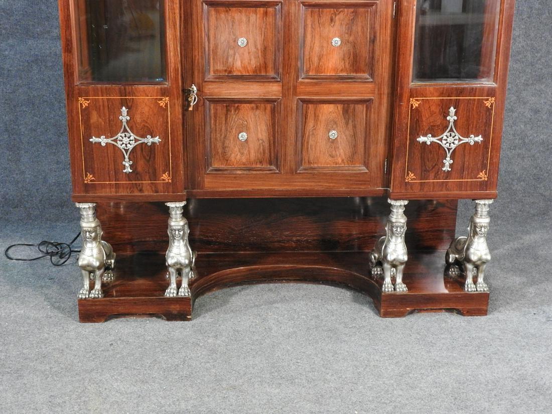 Empire Revival Monumental French Inlaid Rosewood Bronze Figured Vitrine China Cabinet For Sale