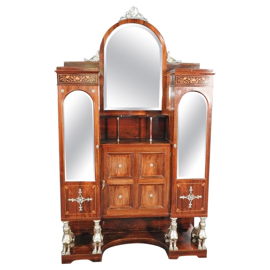 Monumental French Inlaid Rosewood Bronze Figured Vitrine China Cabinet For Sale