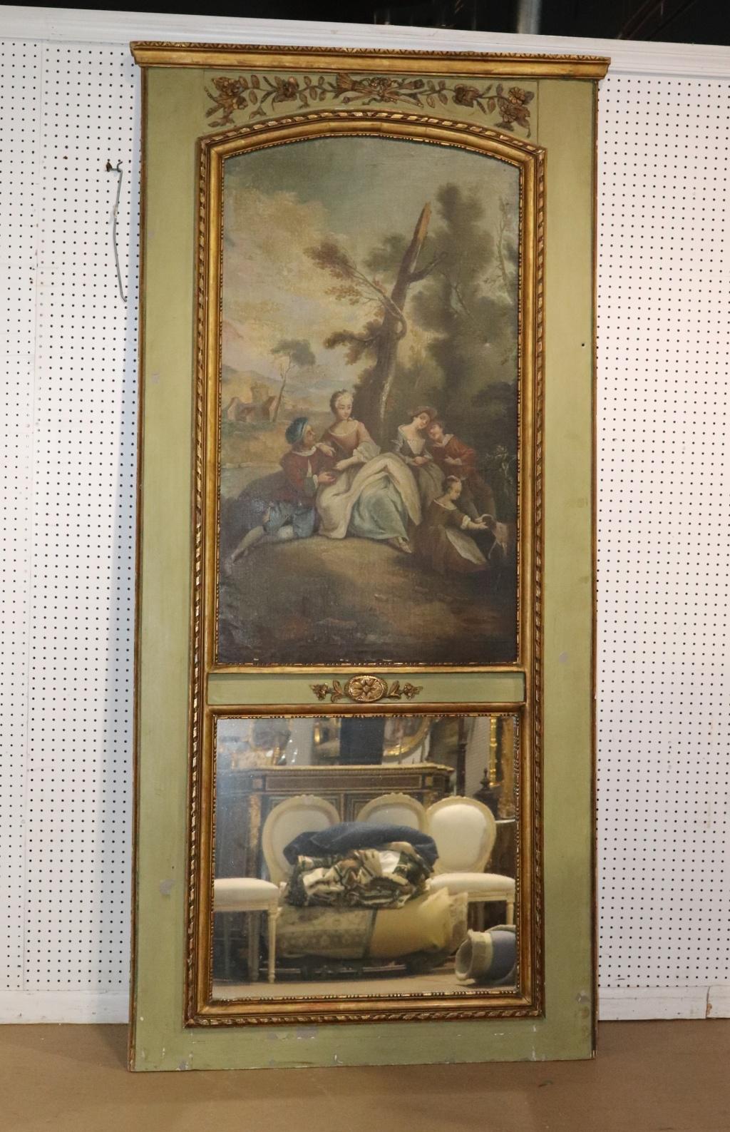 Monumental French Louis XV Oil Painted Trumeau Mirror circa 1900 In Good Condition For Sale In Swedesboro, NJ