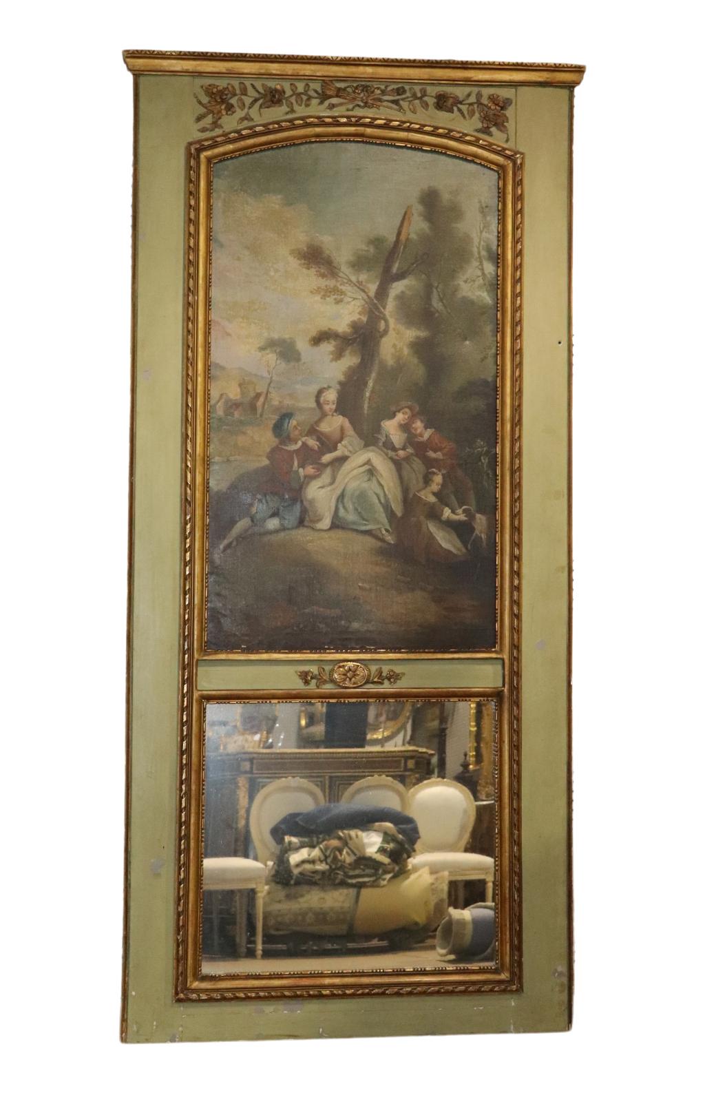 Monumental French Louis XV Oil Painted Trumeau Mirror circa 1900 For Sale 3