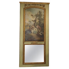 Monumental French Louis XV Oil Painted Trumeau Mirror circa 1900