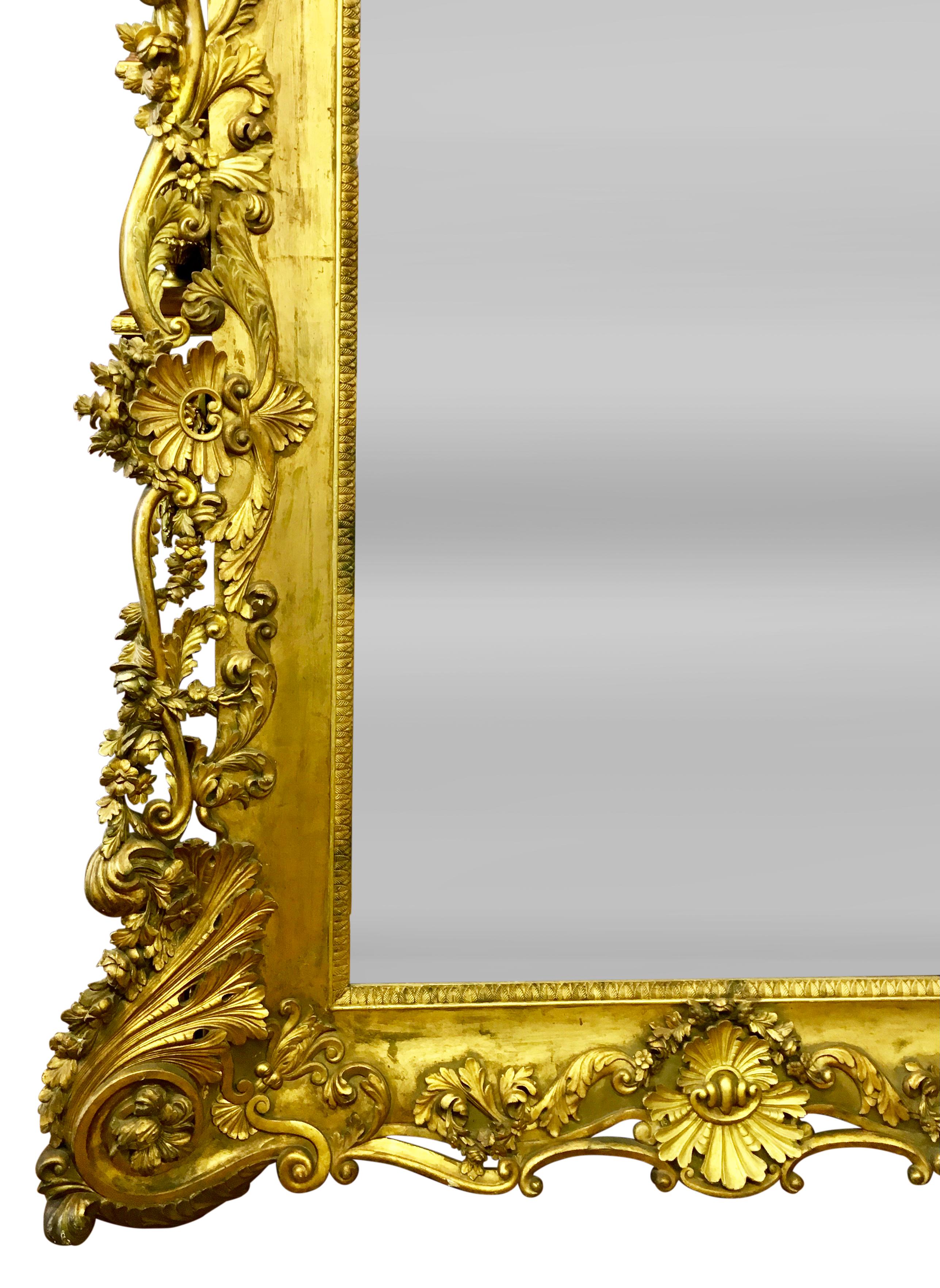 Hand-Carved Monumental Antique French Louis XV Style Carved Giltwood Mirror For Sale