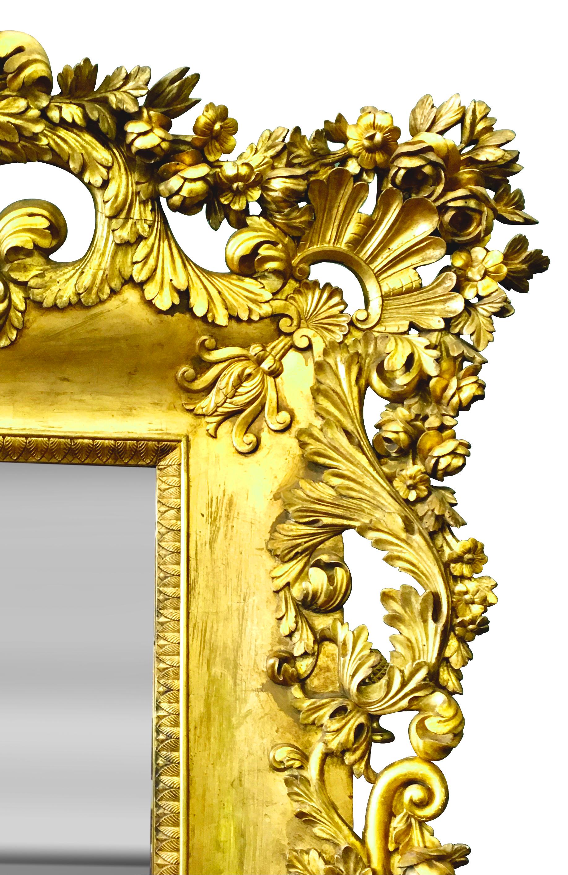 Monumental Antique French Louis XV Style Carved Giltwood Mirror In Excellent Condition For Sale In Los Angeles, CA