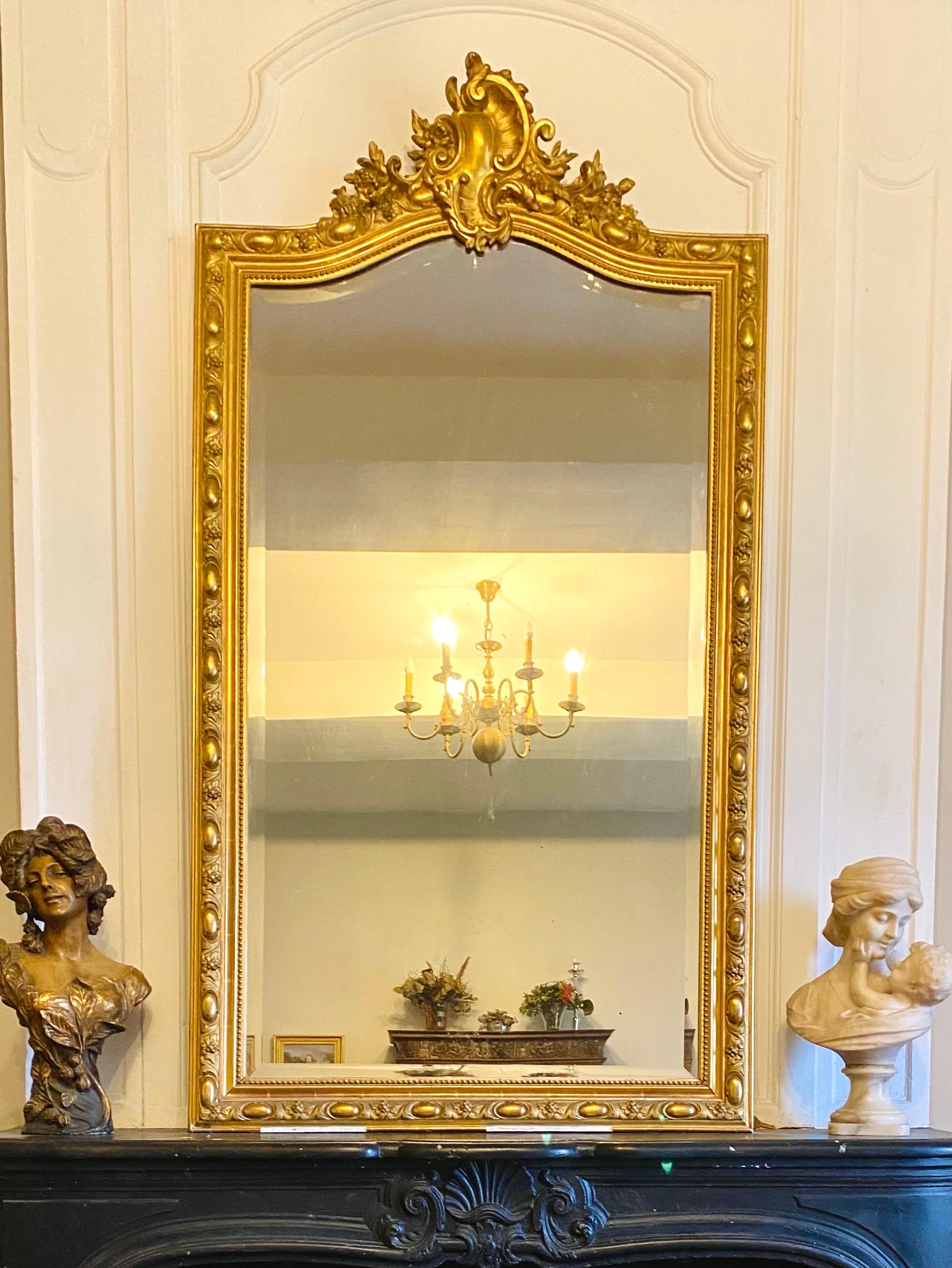 Monumental French Mirror Gilded with Gold Leaf Louis XV Style, Xixth France For Sale 3