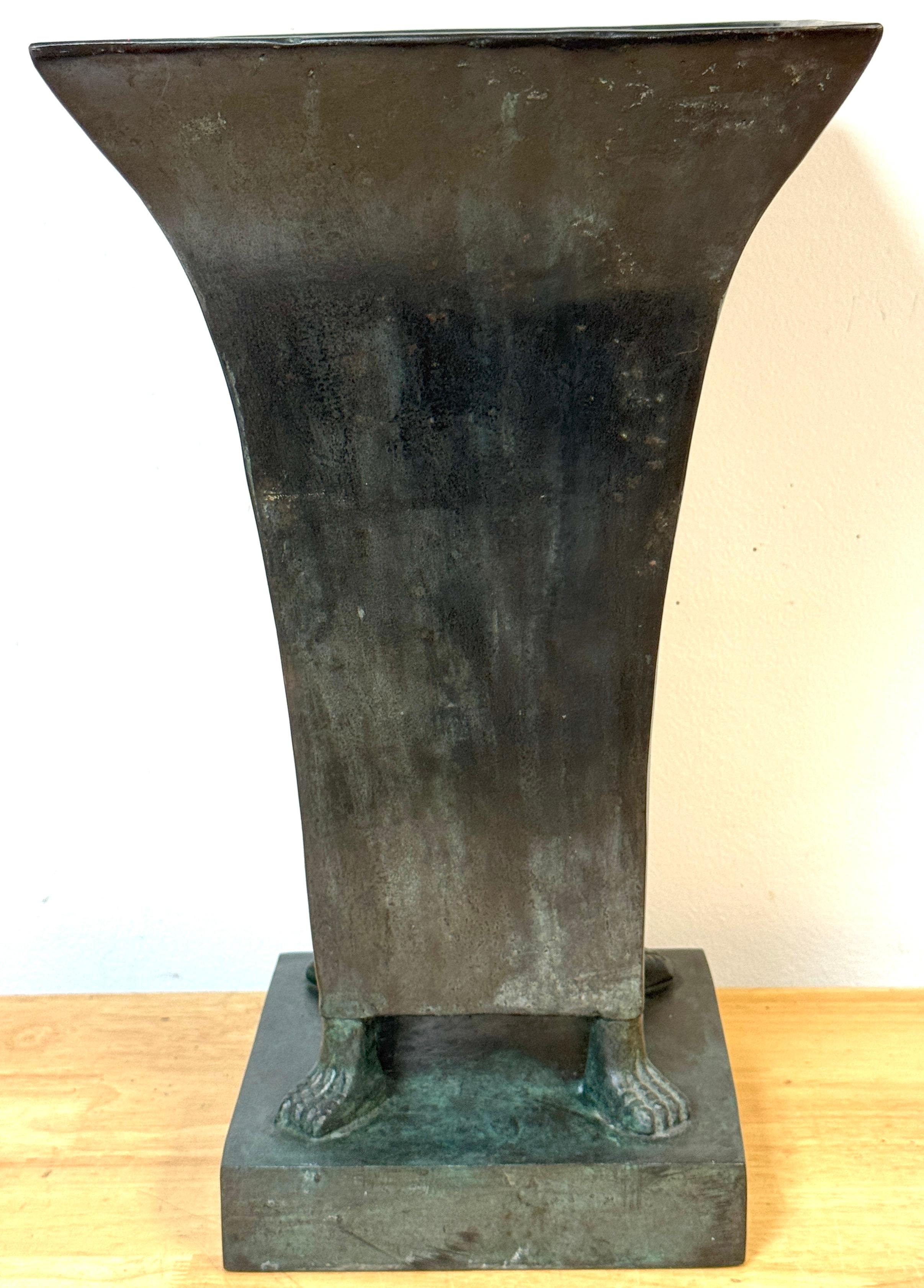 Cast Monumental French Moderne Verdigris Bronze Vase , Manner of Gilbert Poillerat For Sale