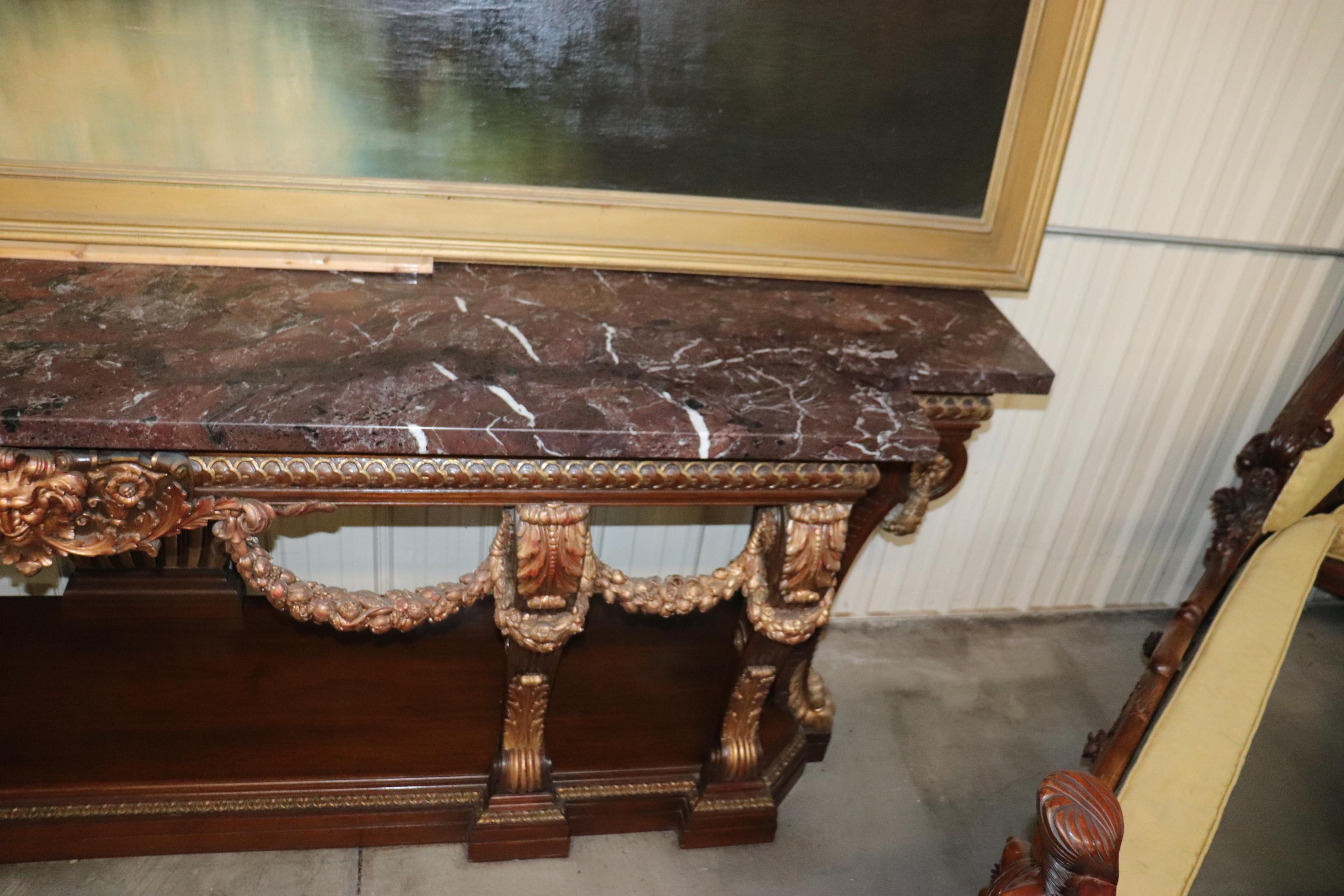Monumental French Northwind Masque Gilded Walnut Marble Top Console Table For Sale 4
