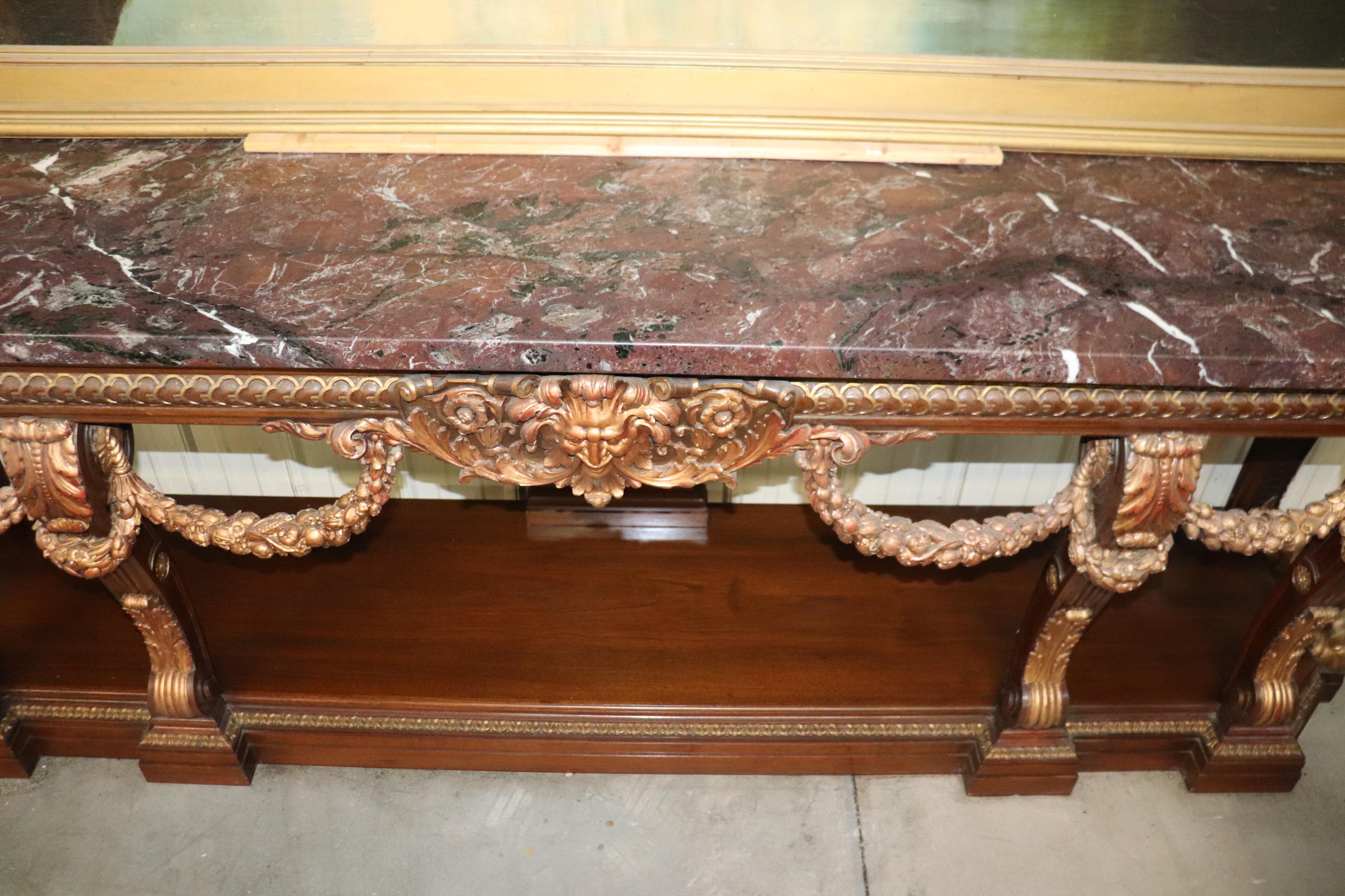 Monumental French Northwind Masque Gilded Walnut Marble Top Console Table For Sale 5