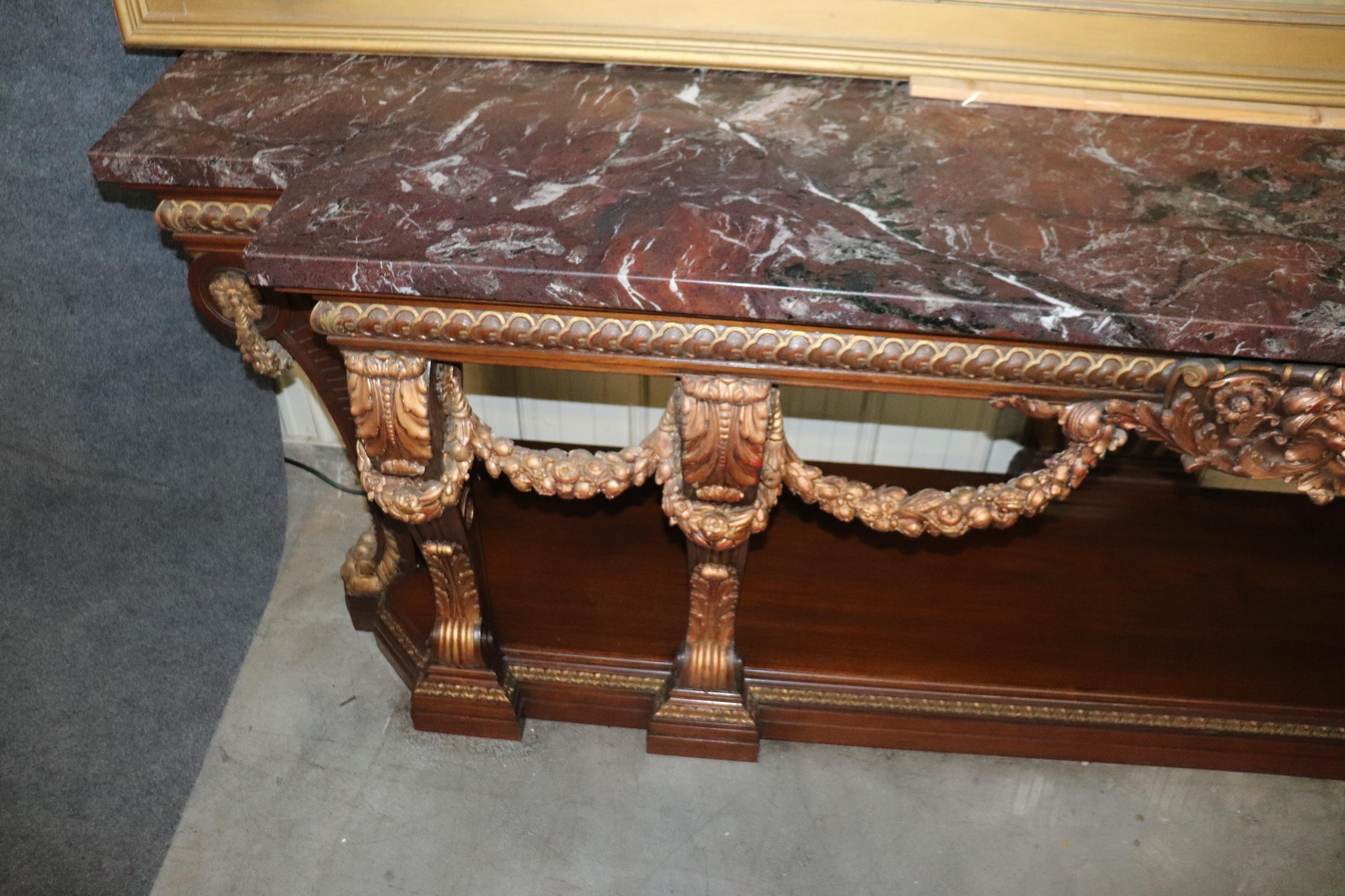 Monumental French Northwind Masque Gilded Walnut Marble Top Console Table For Sale 6