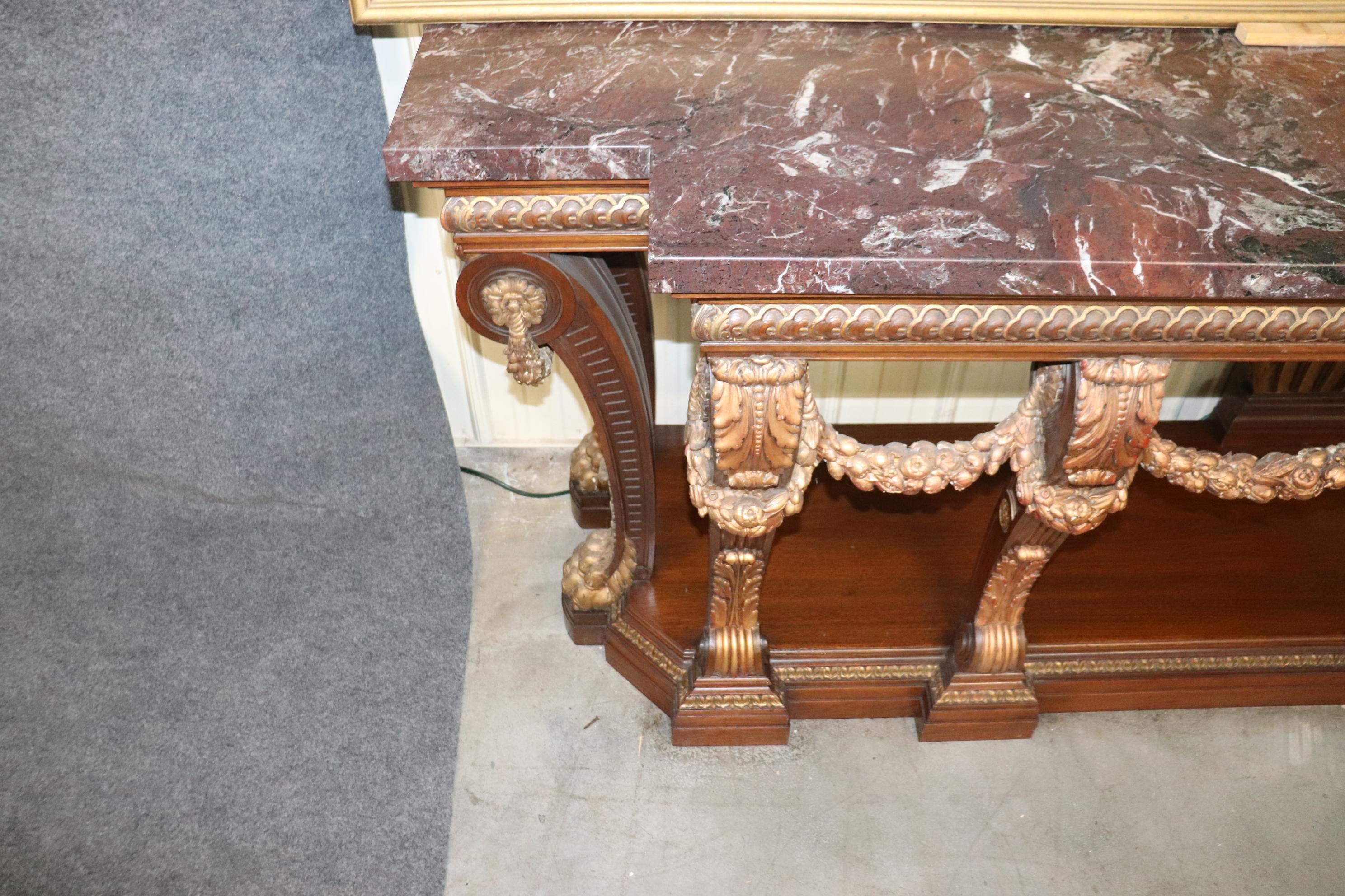 Monumental French Northwind Masque Gilded Walnut Marble Top Console Table For Sale 7