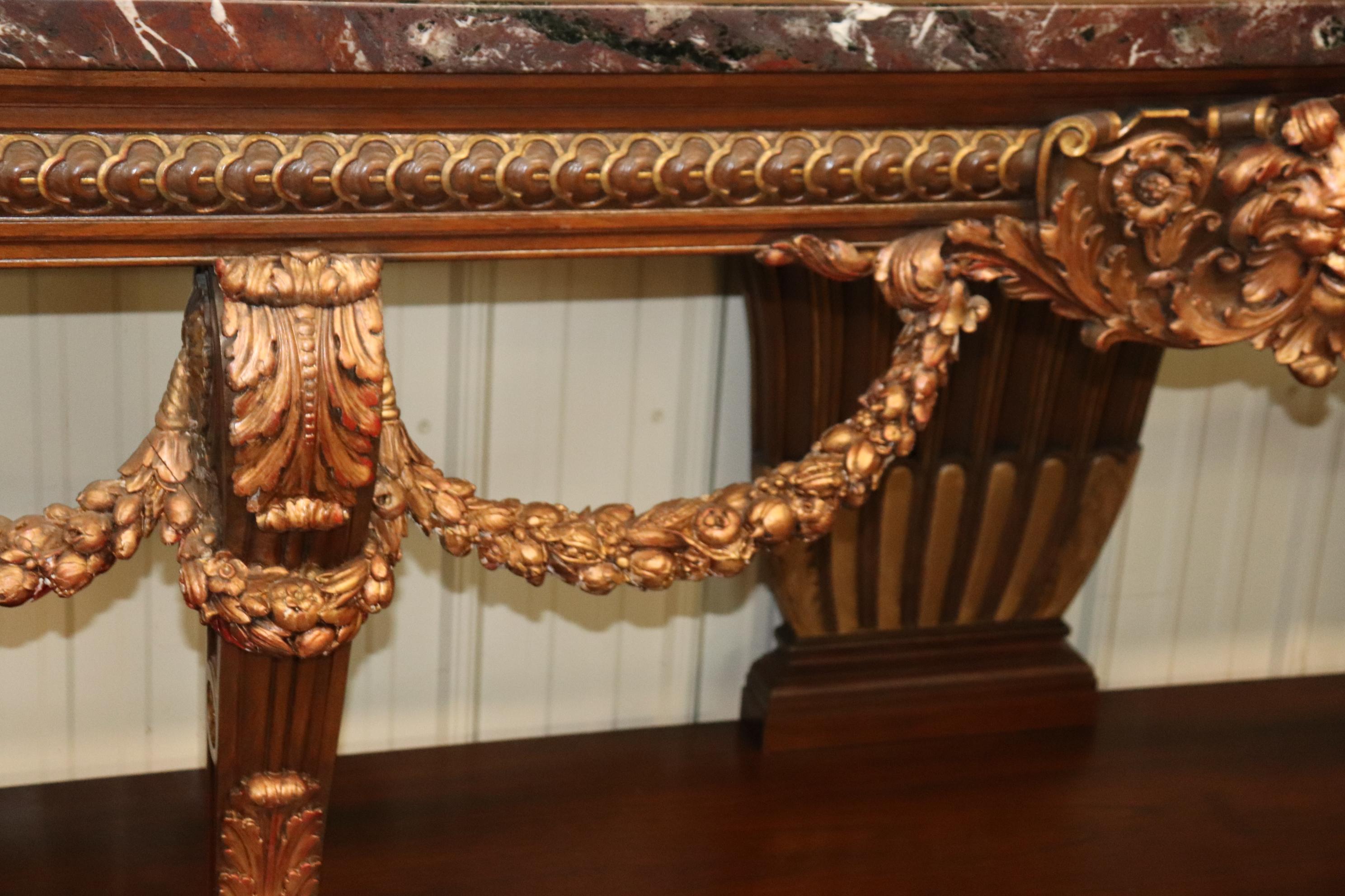Monumental French Northwind Masque Gilded Walnut Marble Top Console Table For Sale 9
