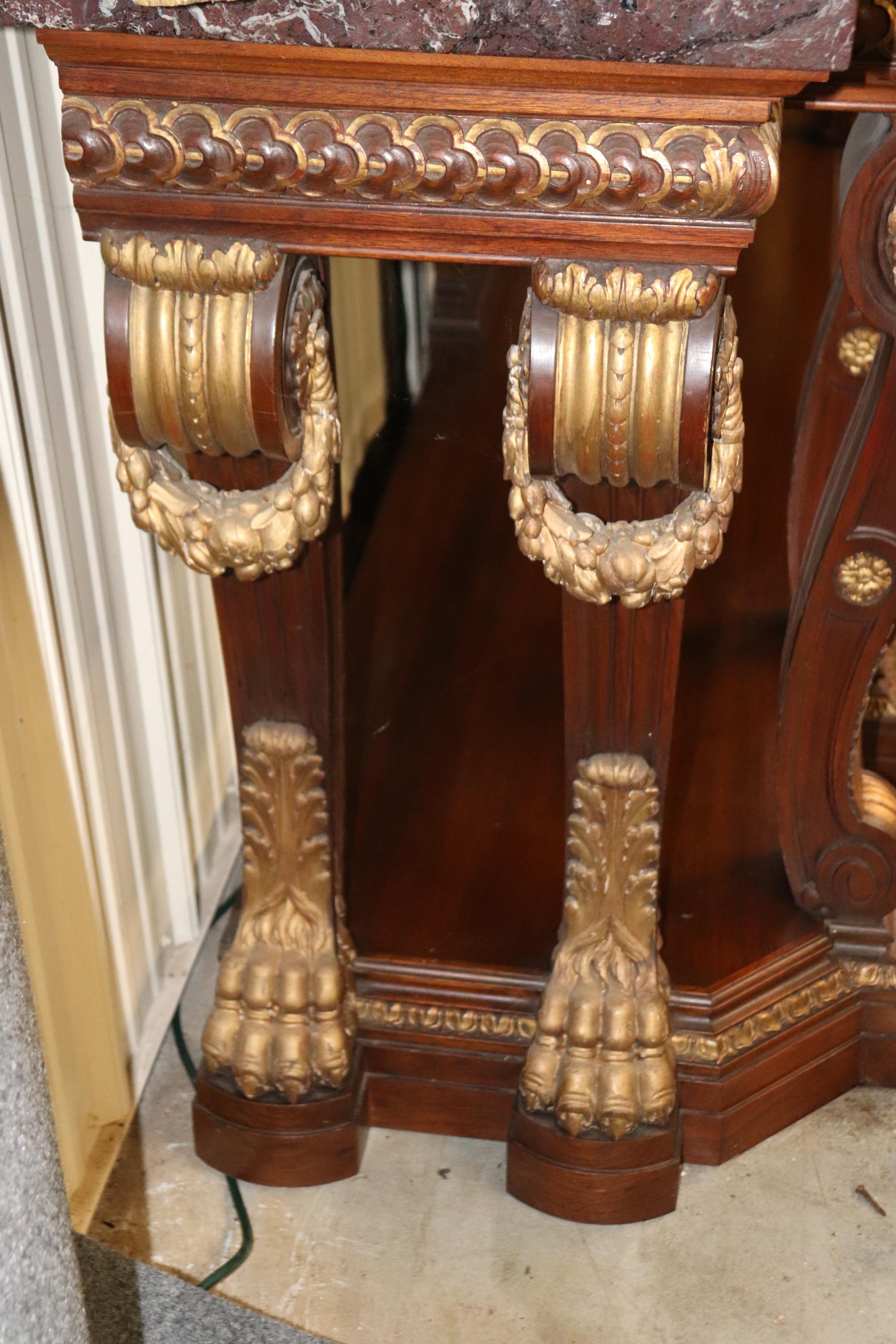 Monumental French Northwind Masque Gilded Walnut Marble Top Console Table For Sale 11