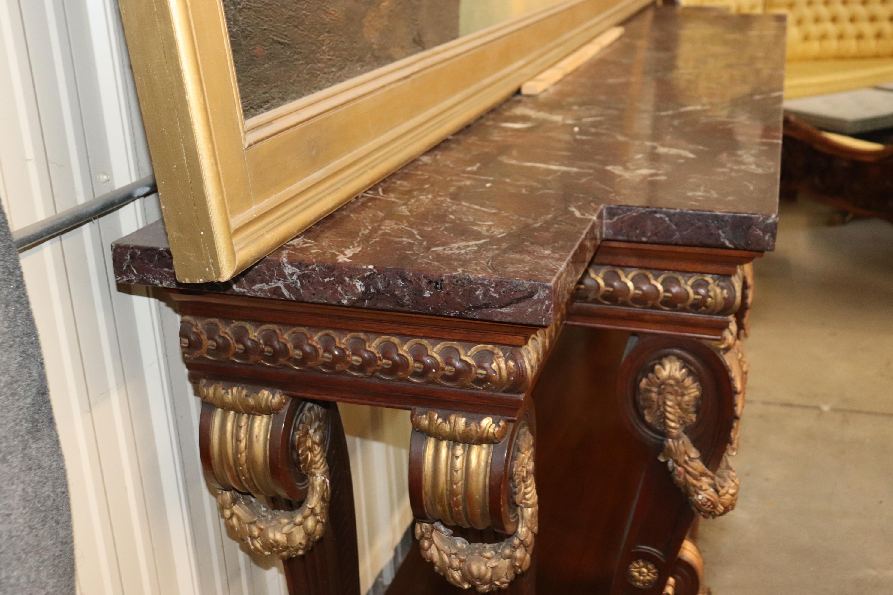 Monumental French Northwind Masque Gilded Walnut Marble Top Console Table For Sale 12