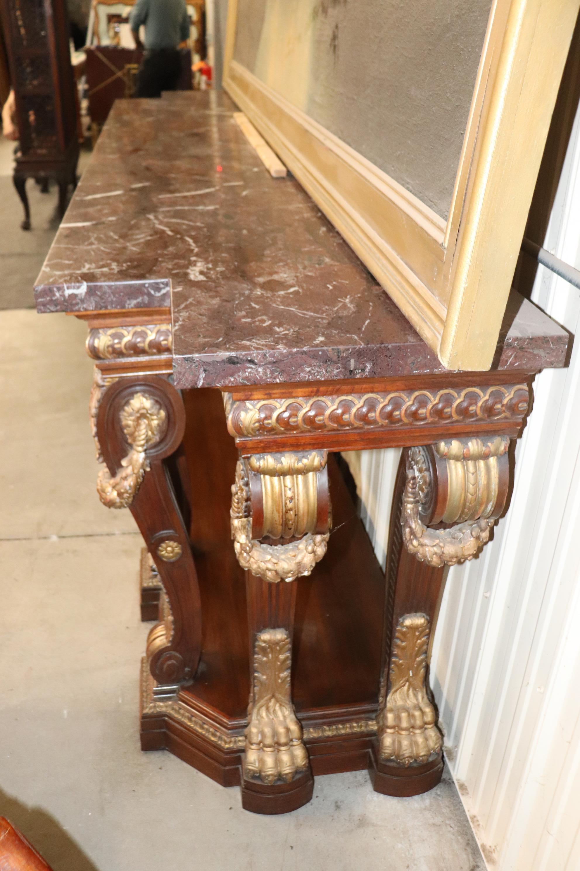 Monumental French Northwind Masque Gilded Walnut Marble Top Console Table For Sale 13