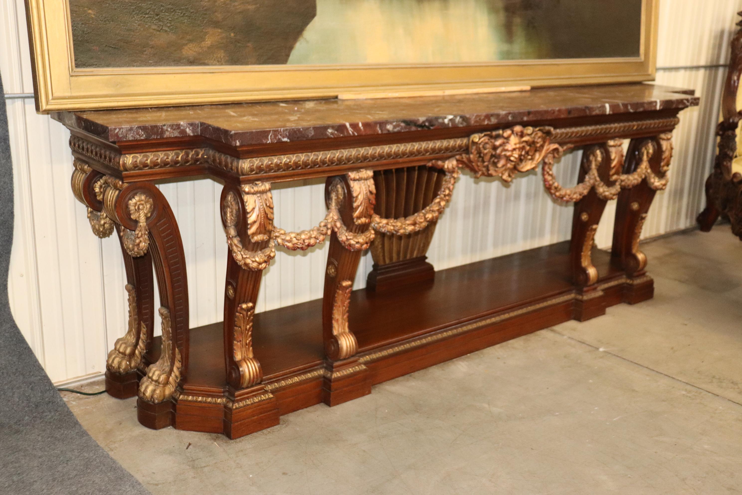 Louis XV Monumental French Northwind Masque Gilded Walnut Marble Top Console Table For Sale