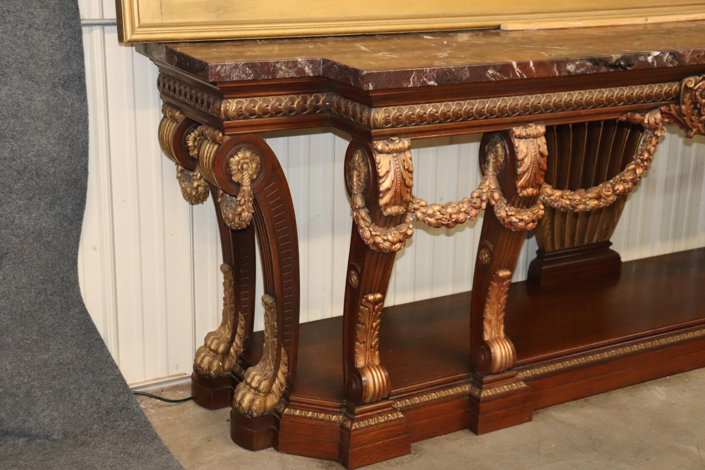 Monumental French Northwind Masque Gilded Walnut Marble Top Console Table In Good Condition For Sale In Swedesboro, NJ