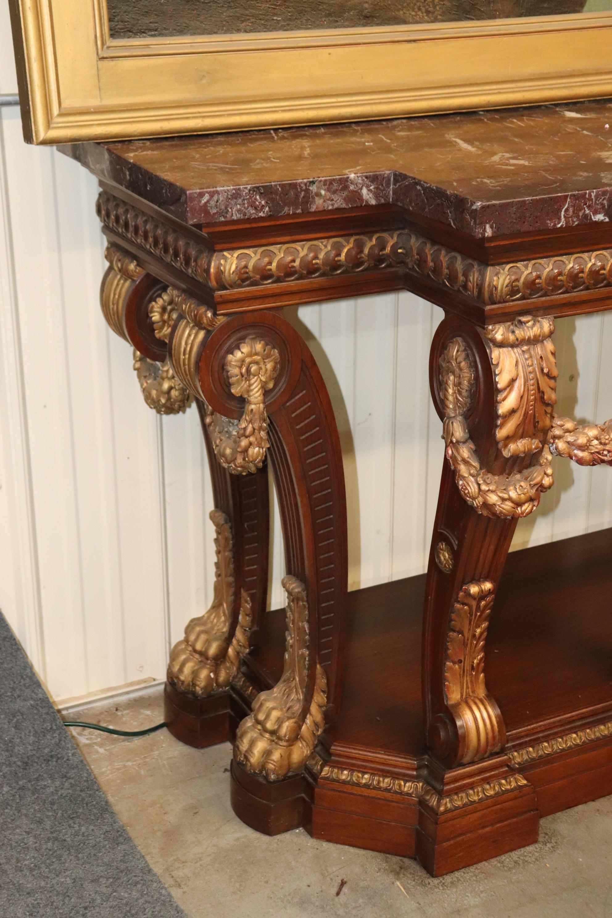 Late 19th Century Monumental French Northwind Masque Gilded Walnut Marble Top Console Table For Sale