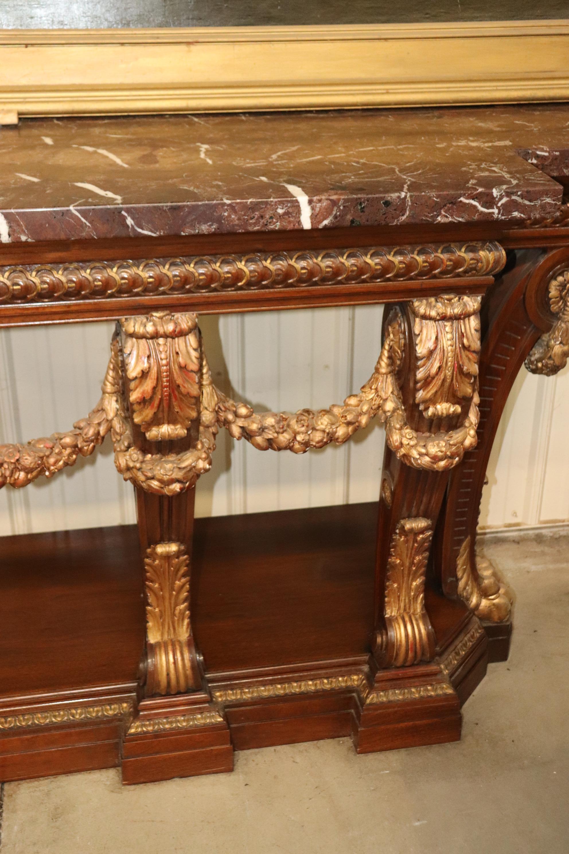 Monumental French Northwind Masque Gilded Walnut Marble Top Console Table For Sale 1
