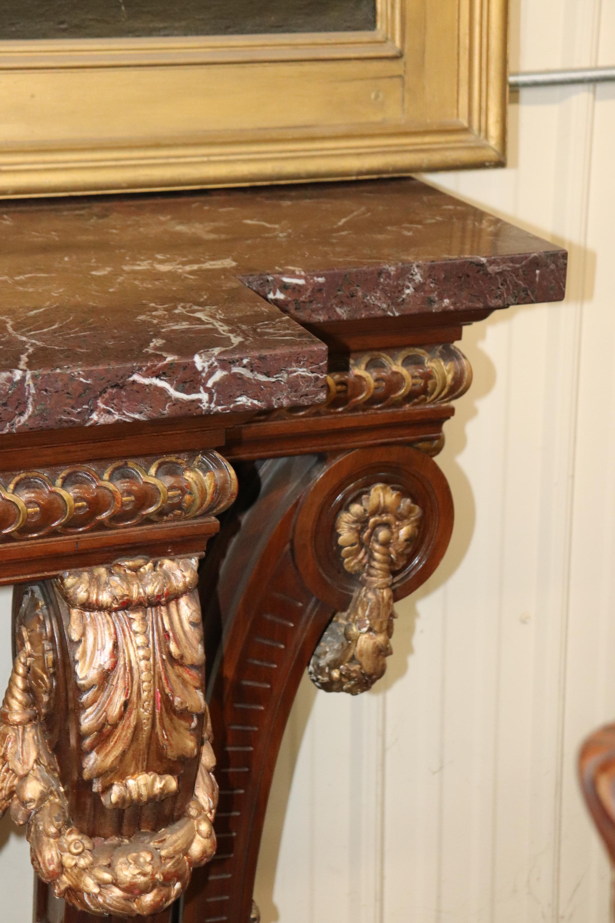 Monumental French Northwind Masque Gilded Walnut Marble Top Console Table For Sale 2