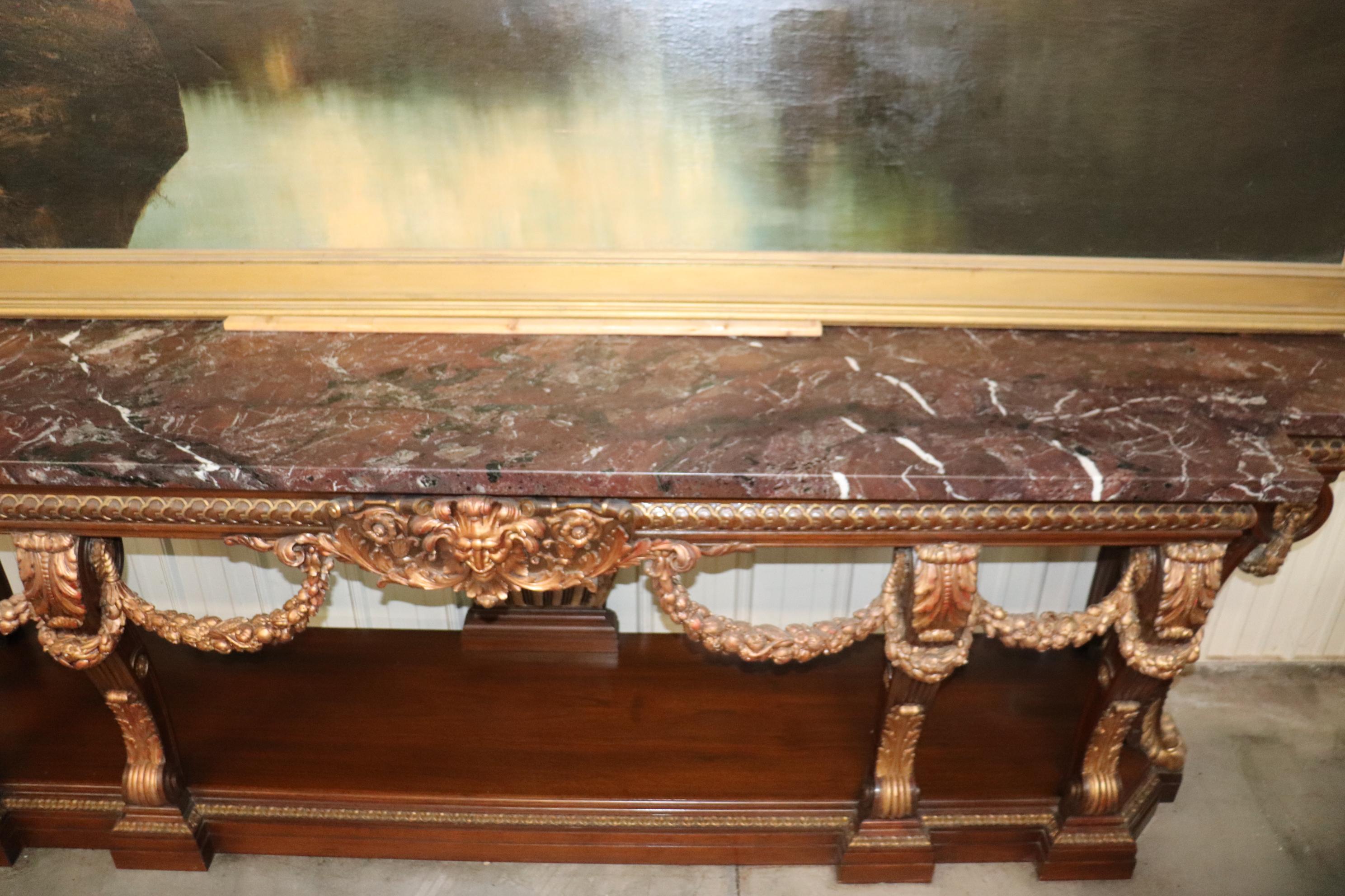 Monumental French Northwind Masque Gilded Walnut Marble Top Console Table For Sale 3