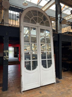 Monumental French Oak Double Doors with Frame and Arched Transom, Late 19th Cent