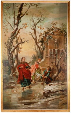 Monumental French Oil Painting of Elegant Skaters in a Winter Landscape