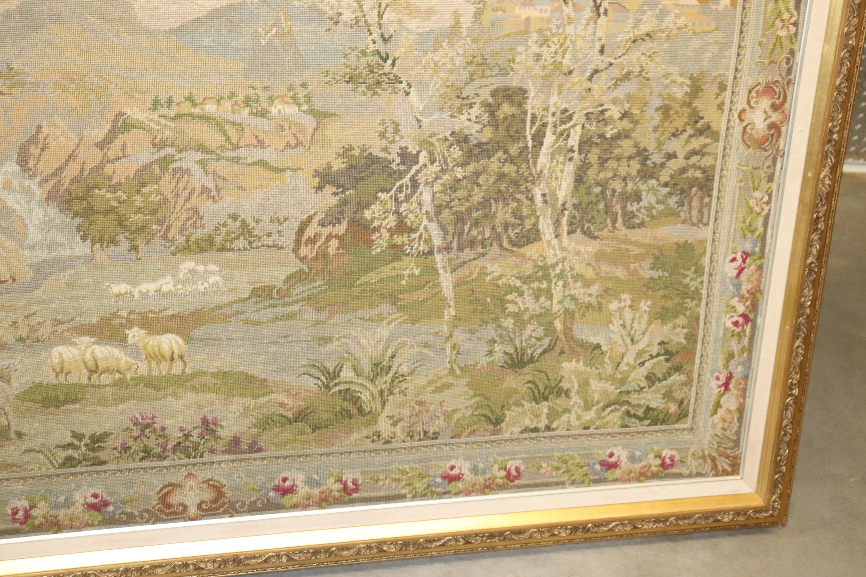 Monumental French or Belgian Tapestry of Provincial Scene in Fine Gilt Frame For Sale 3