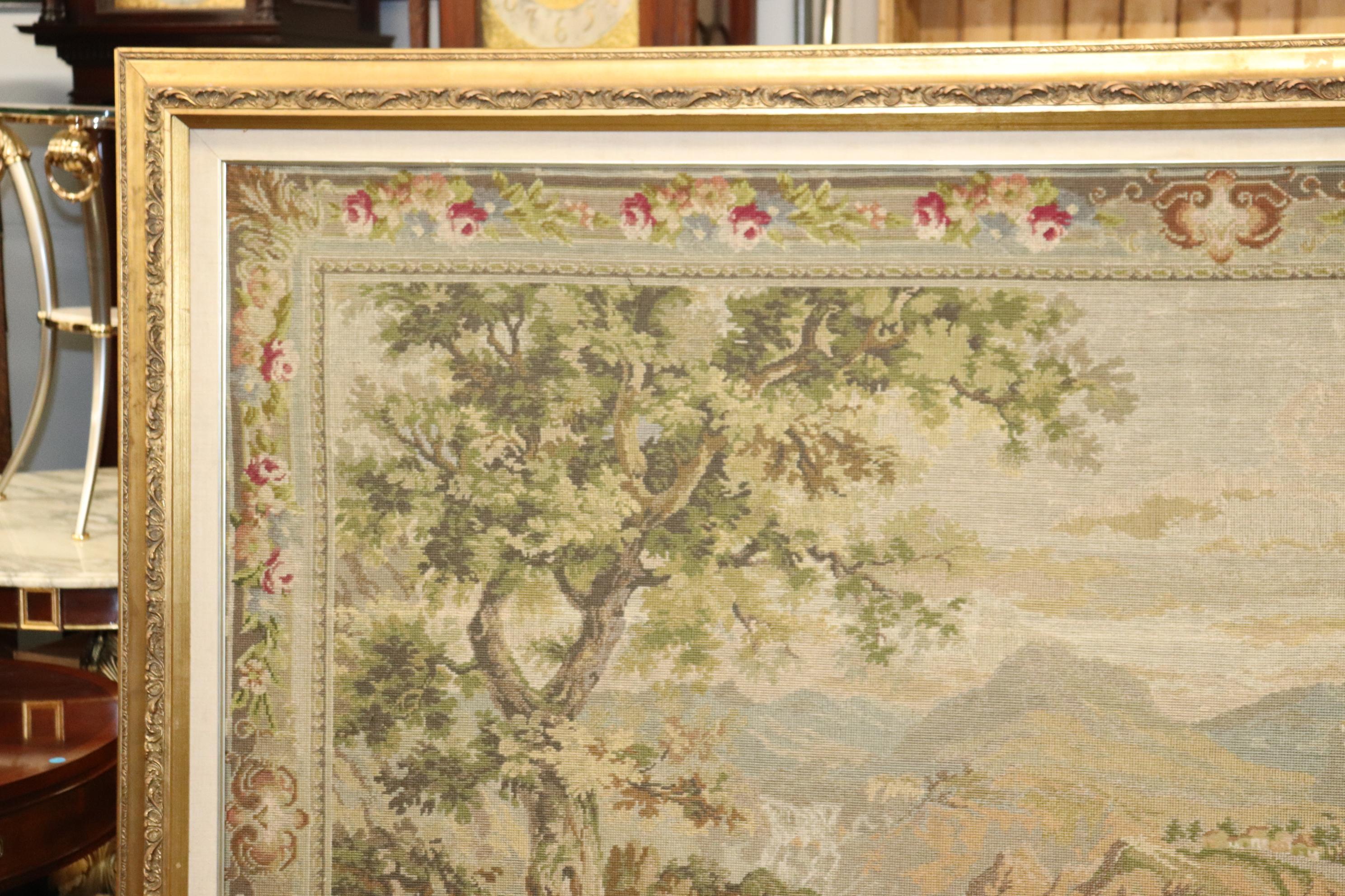 European Monumental French or Belgian Tapestry of Provincial Scene in Fine Gilt Frame
