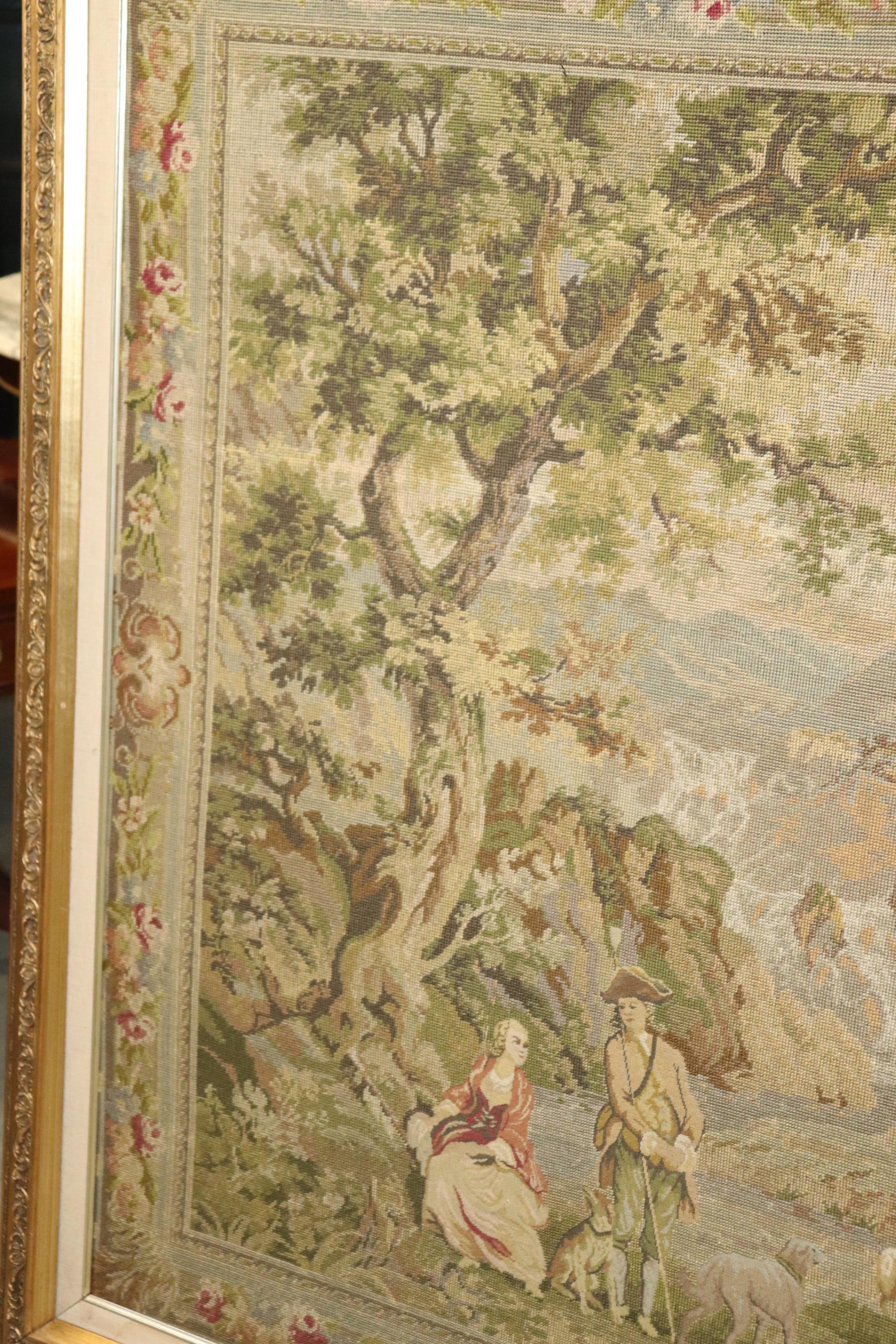 Wool Monumental French or Belgian Tapestry of Provincial Scene in Fine Gilt Frame For Sale