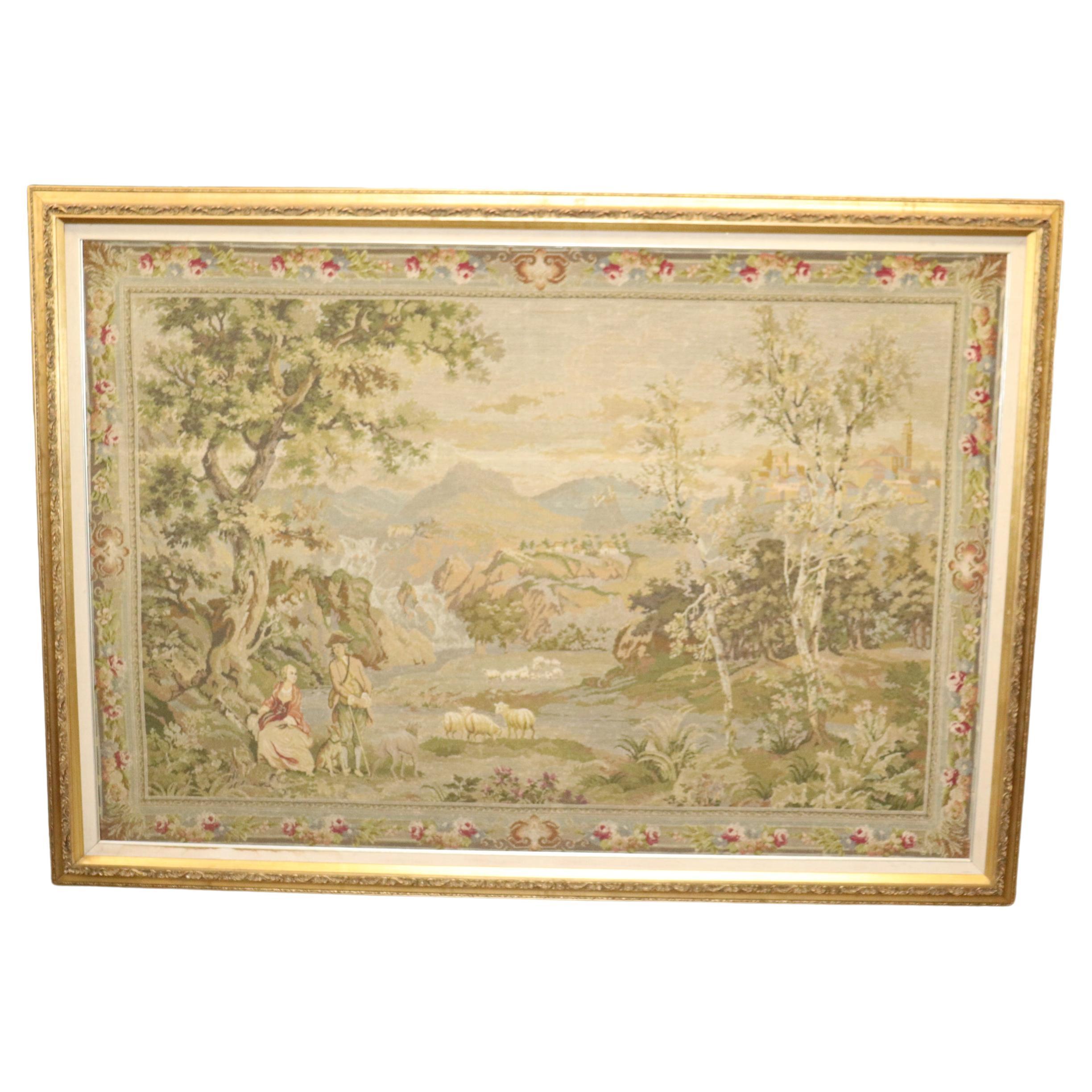 Monumental French or Belgian Tapestry of Provincial Scene in Fine Gilt Frame