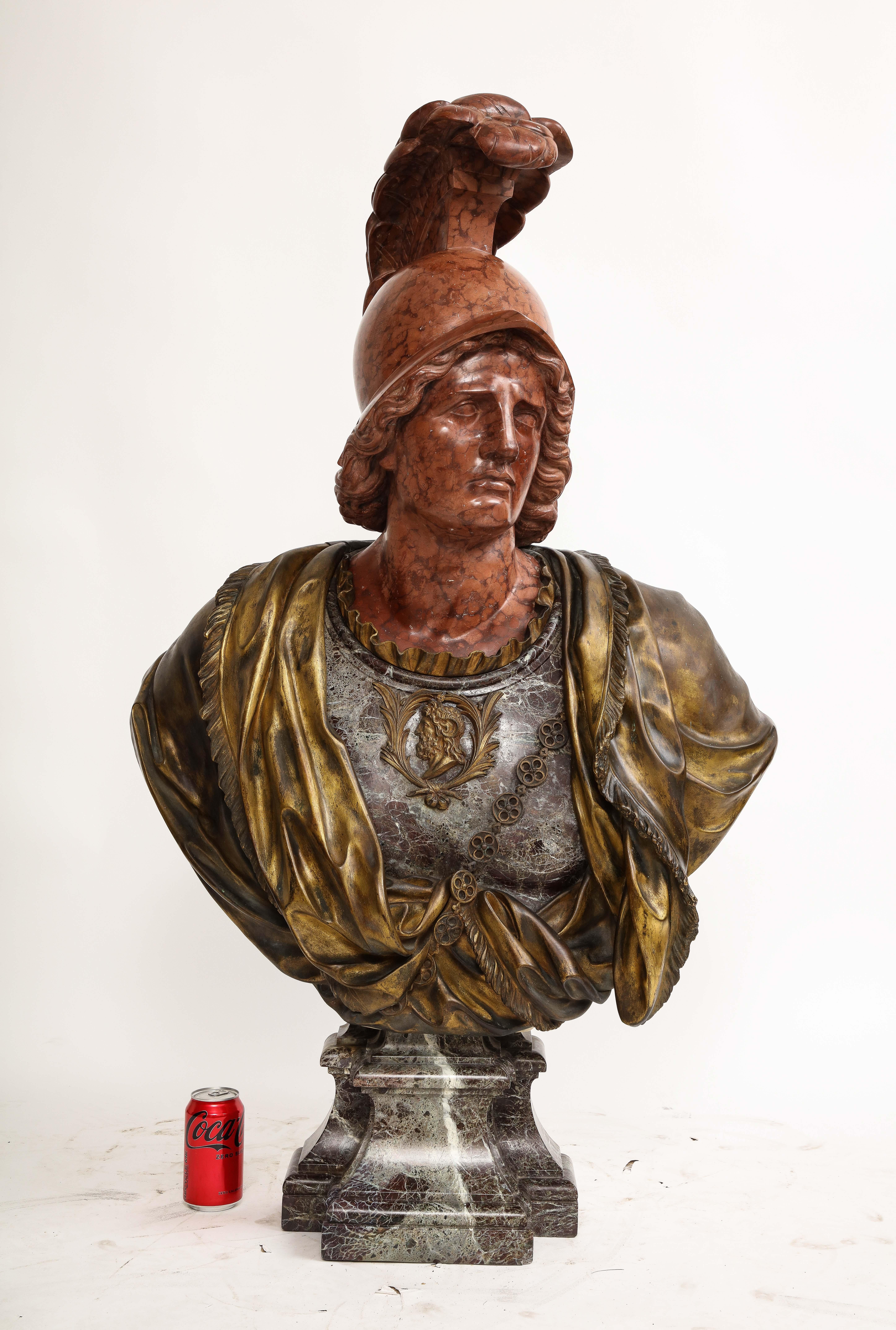A Monumental and Rare 19th Century French Ormolu Mounted Multi-Marble Bust of Alexander The Great, After The Model by Francois Girardon.  Drawing inspiration from the renowned 