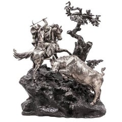 Monumental French Patinated and Silvered Bronze Figural Group of Soldier & Bull