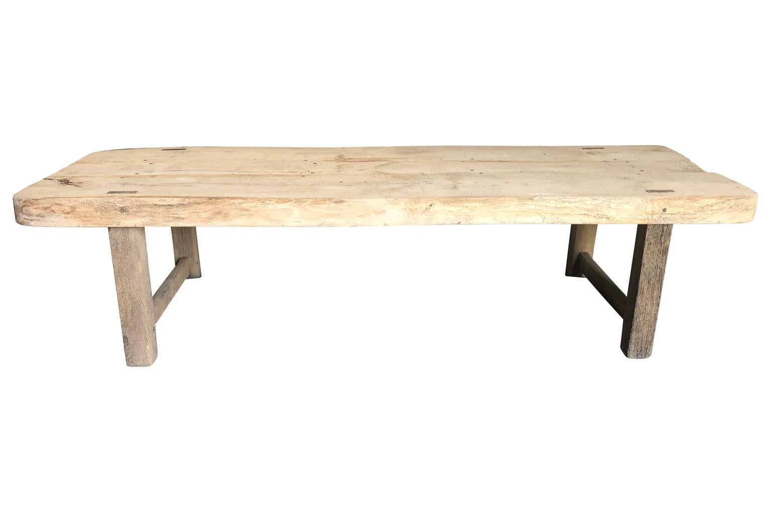 A monumental primitive farm table from the Provence region of France. Wonderfully constructed from sturdy oak with a massive thick top, legs and stretchers. Perfect for large gatherings for any casual interior or exterior dining areas. Great
