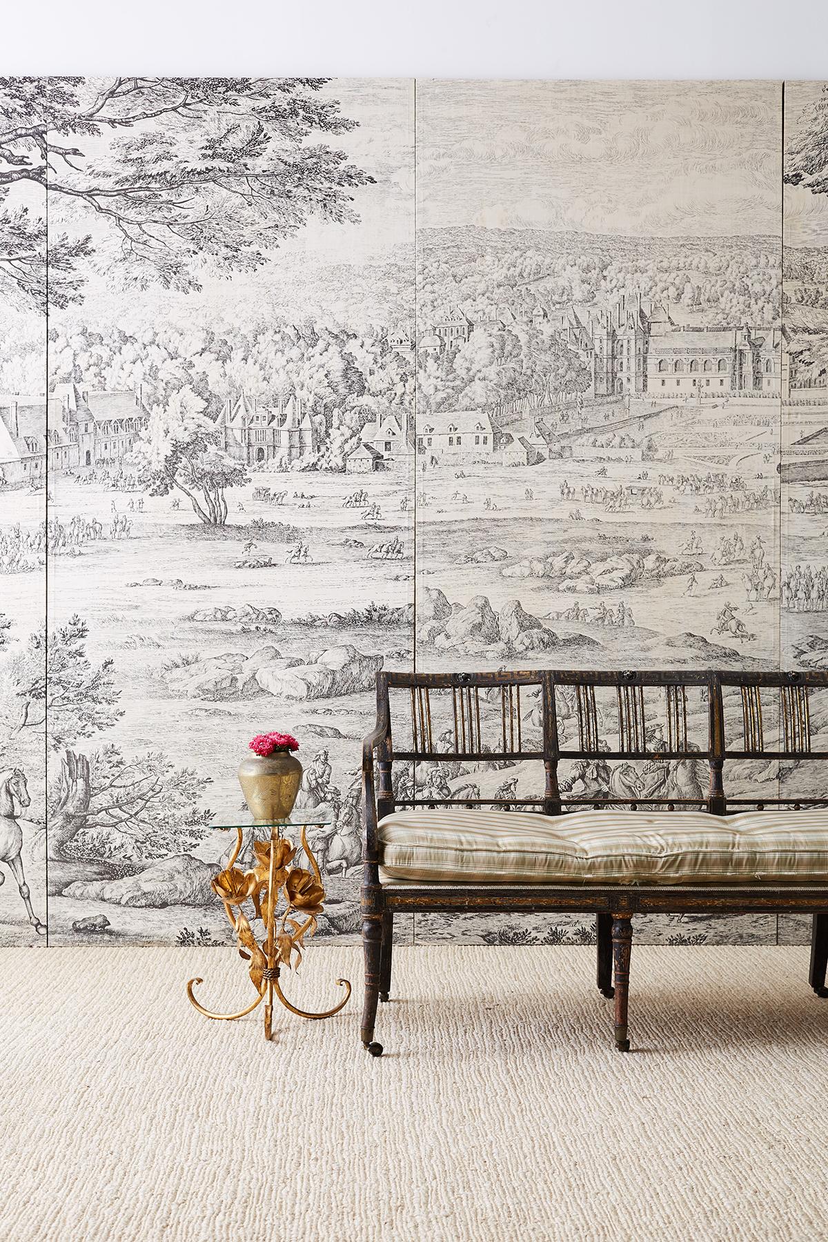 Fantastic set of four mounted French Provincial Toile de Jouy textile panels that create a monumental wall sized artwork. Each wood panel is covered in a bespoke pastoral scene that completes a large view of 18th century French countryside. French