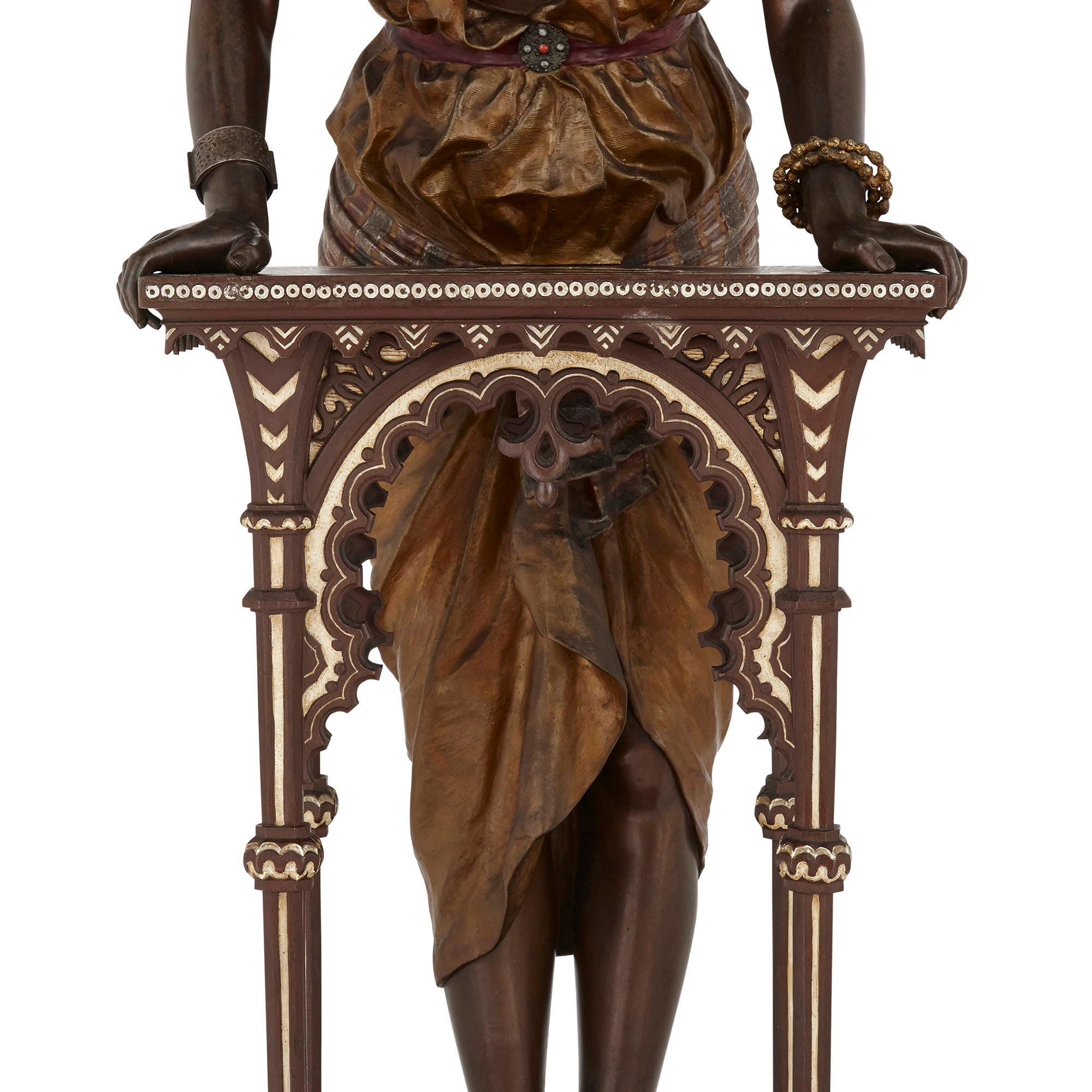 Spelter Monumental French Sculpture of a Female Figure with Table by Louis Hottot For Sale