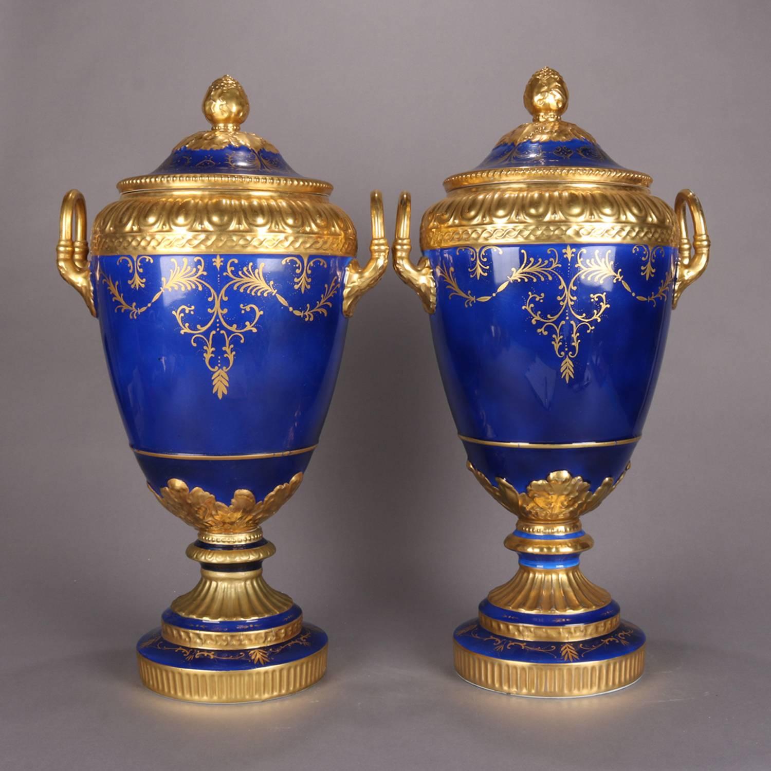 Monumental French Sevres School Hand-Painted Cobalt and Gilt Porcelain Urns 7