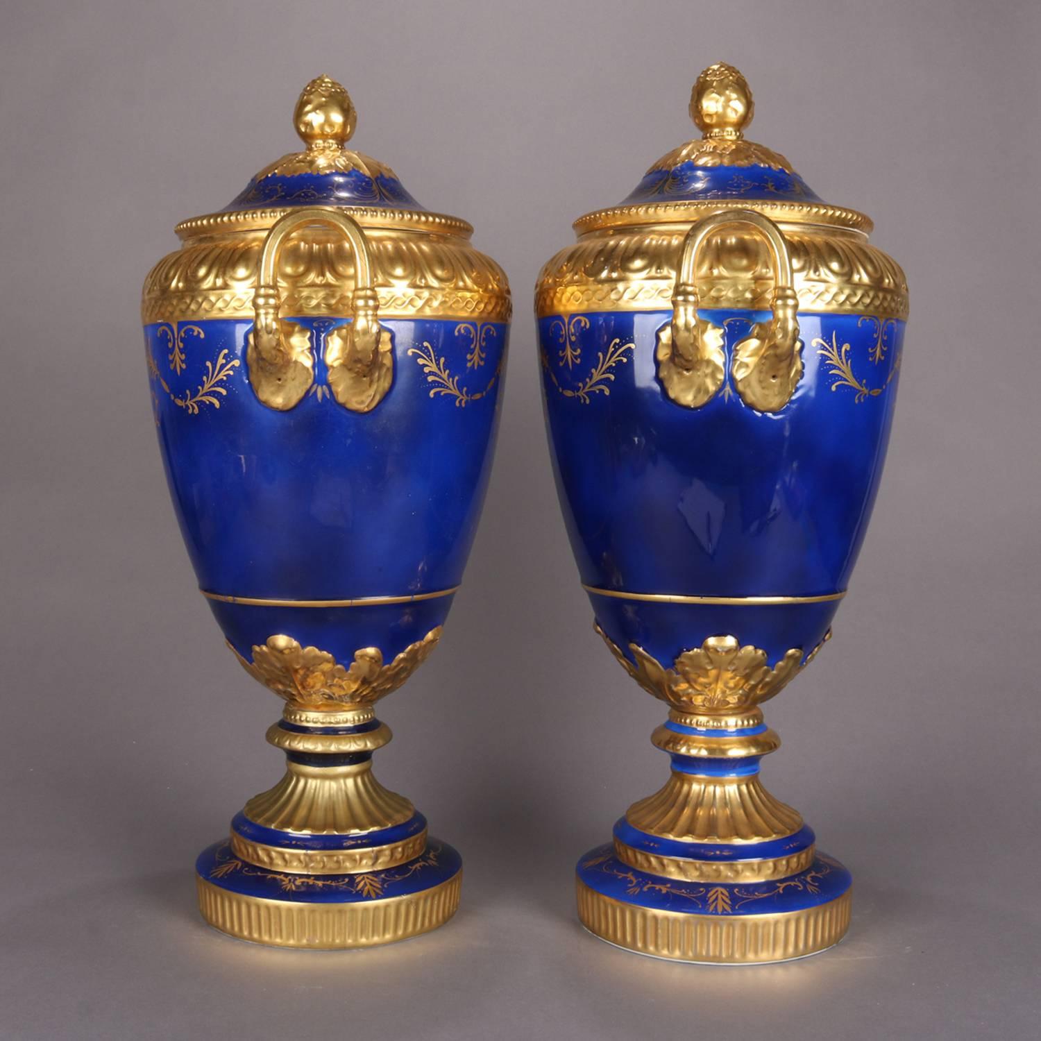 20th Century Monumental French Sevres School Hand-Painted Cobalt and Gilt Porcelain Urns