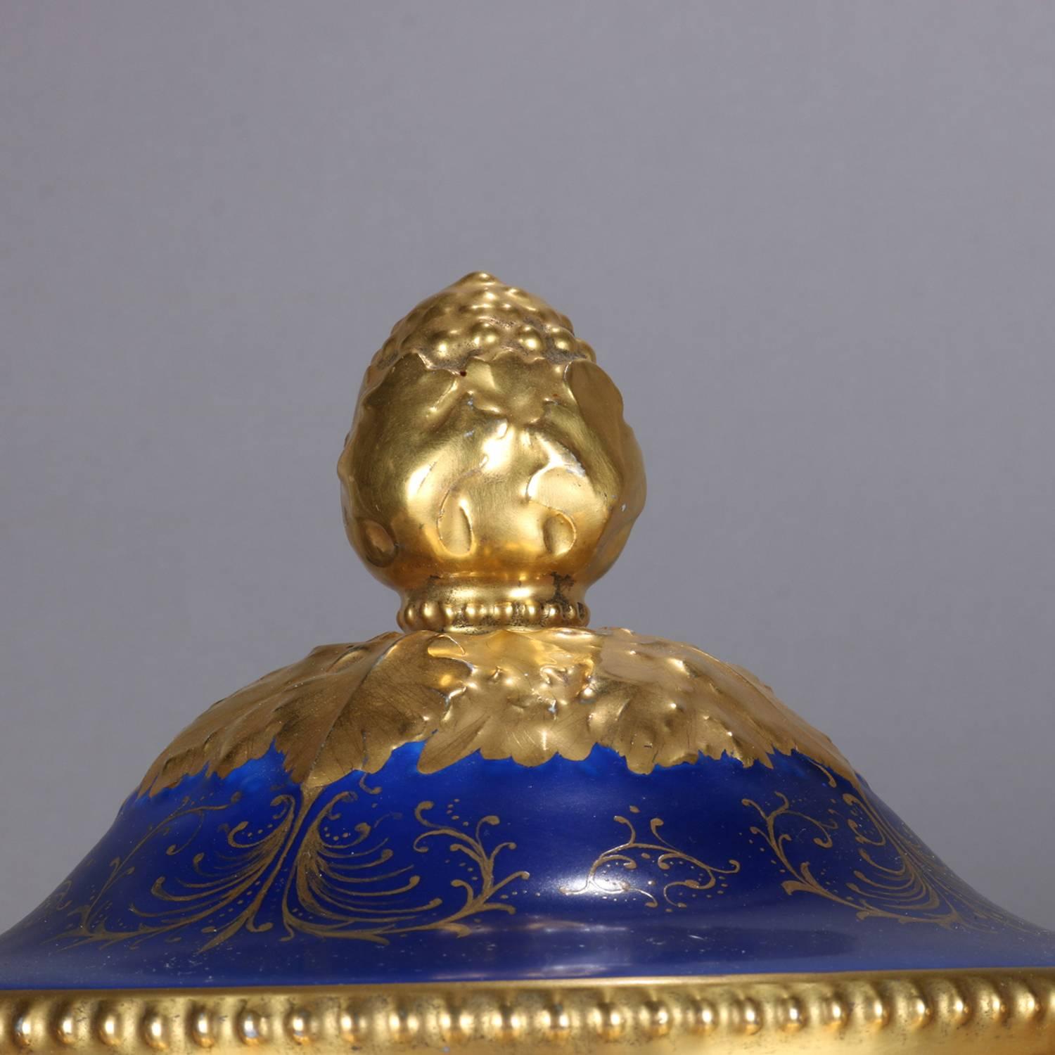 Monumental French Sevres School Hand-Painted Cobalt and Gilt Porcelain Urns 1