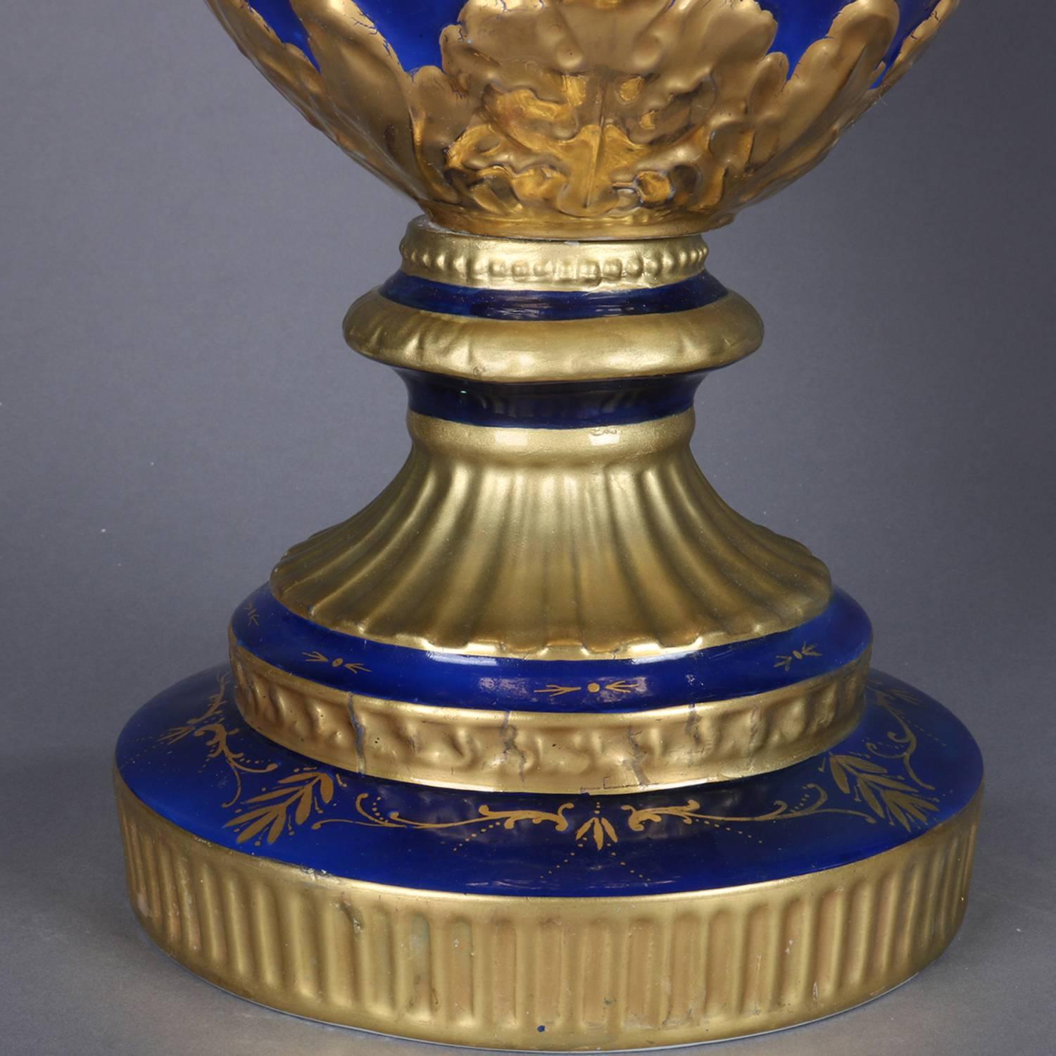 Monumental French Sevres School Hand-Painted Cobalt and Gilt Porcelain Urns 2