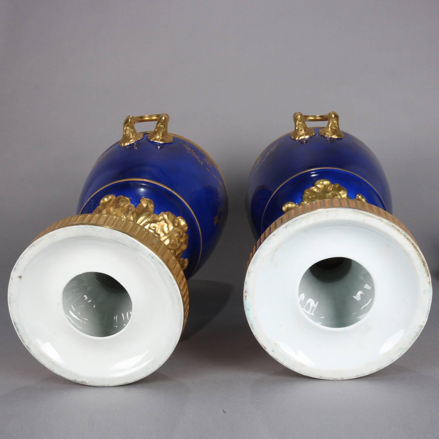 Monumental French Sevres School Hand-Painted Cobalt and Gilt Porcelain Urns 4
