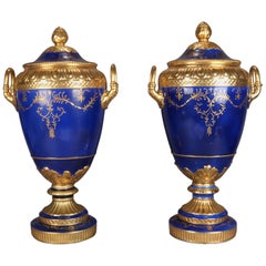 Monumental French Sevres School Hand-Painted Cobalt and Gilt Porcelain Urns