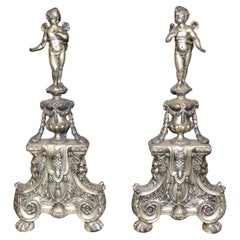 Monumental French Silver-Plated Bronze Cherub and Northwind Face French Andirons